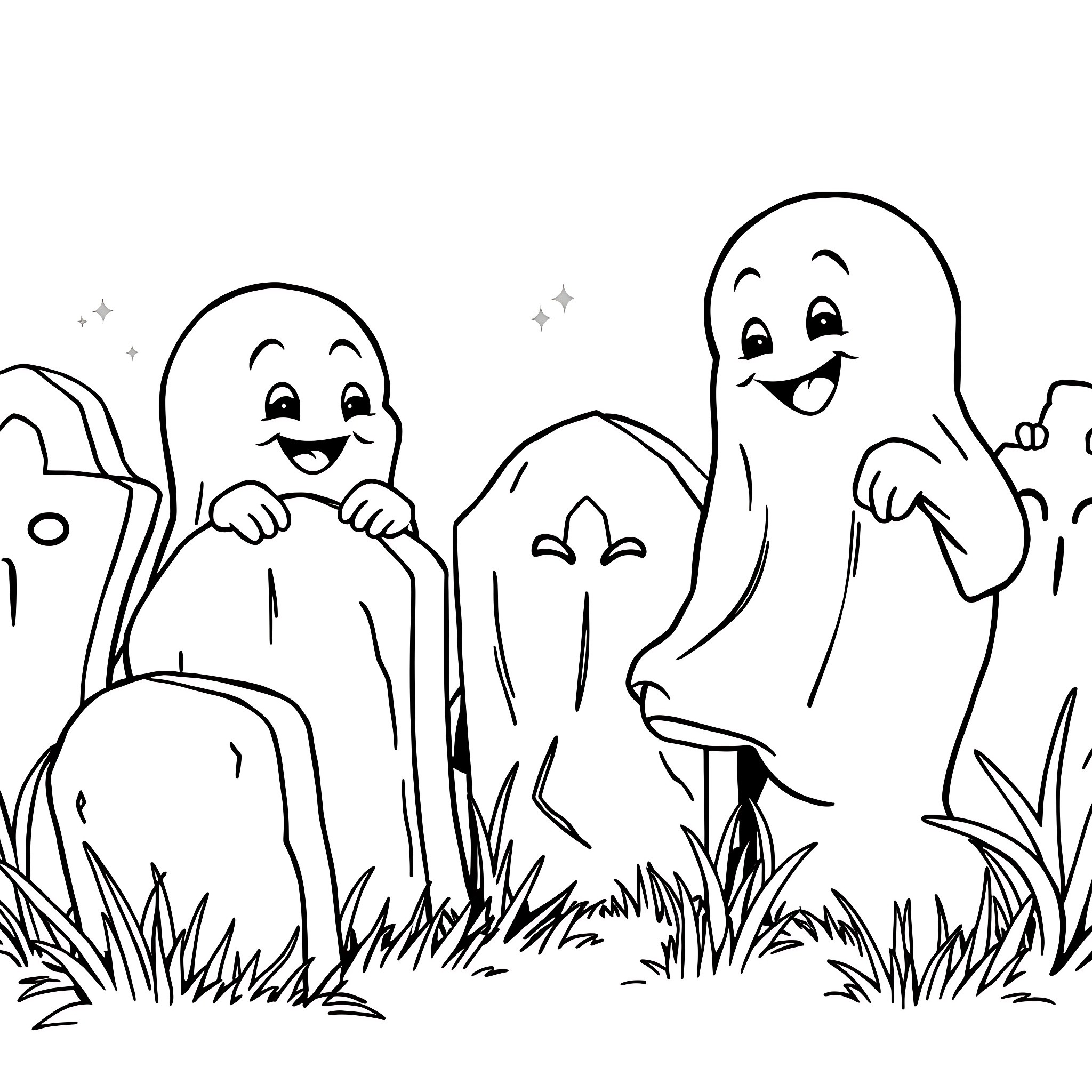 Cheerful Ghosts in a Grassy Field Coloring Page (free black-and-white line drawing printable PDF for all, from beginners to advanced learners, including children, teens, adults, and seniors)