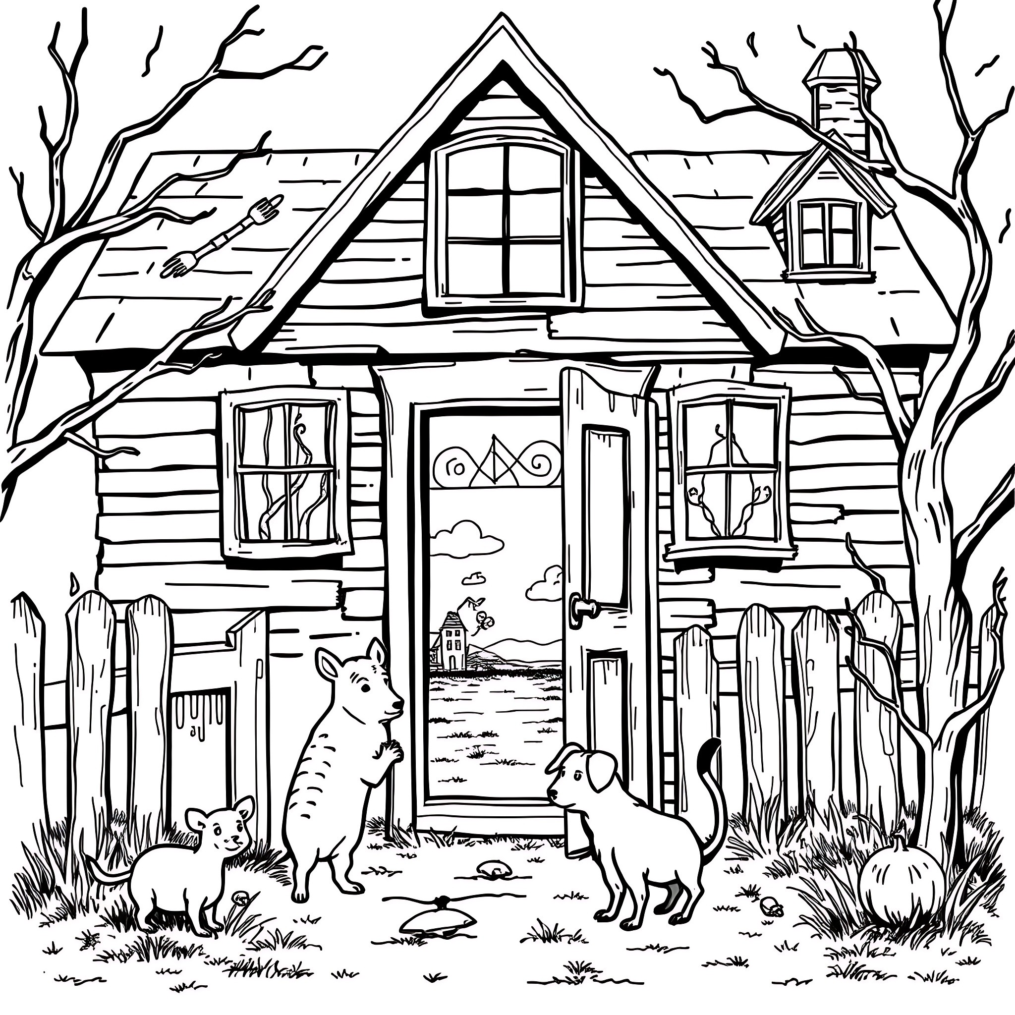 Haunted House with Animals in the Yard Coloring Page (free black-and-white line drawing printable PDF for all, from beginners to advanced learners, including children, teens, adults, and seniors)