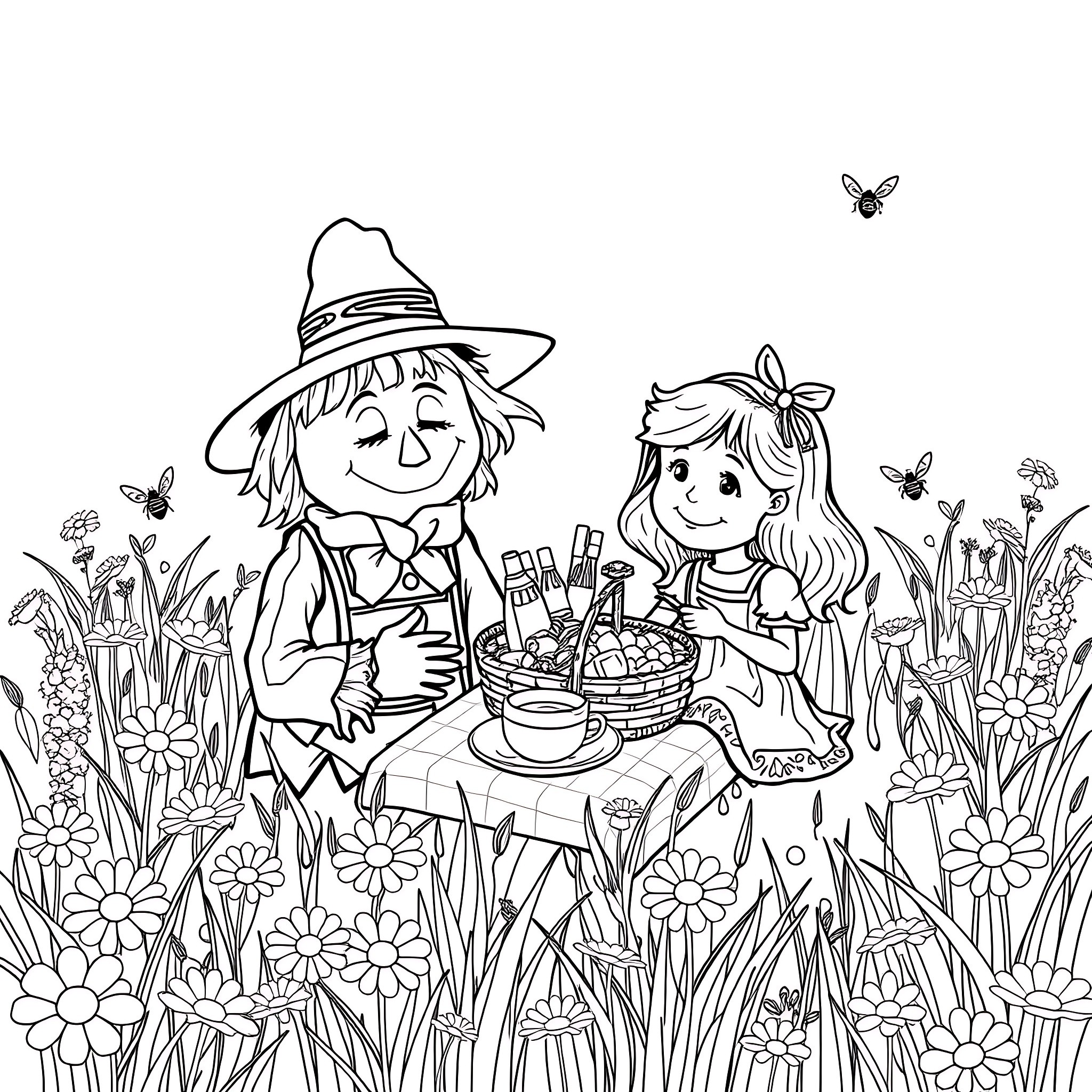 Scarecrow and girl with basket in flower field Coloring Page (free black-and-white line drawing printable PDF for all, from beginners to advanced learners, including children, teens, adults, and seniors)