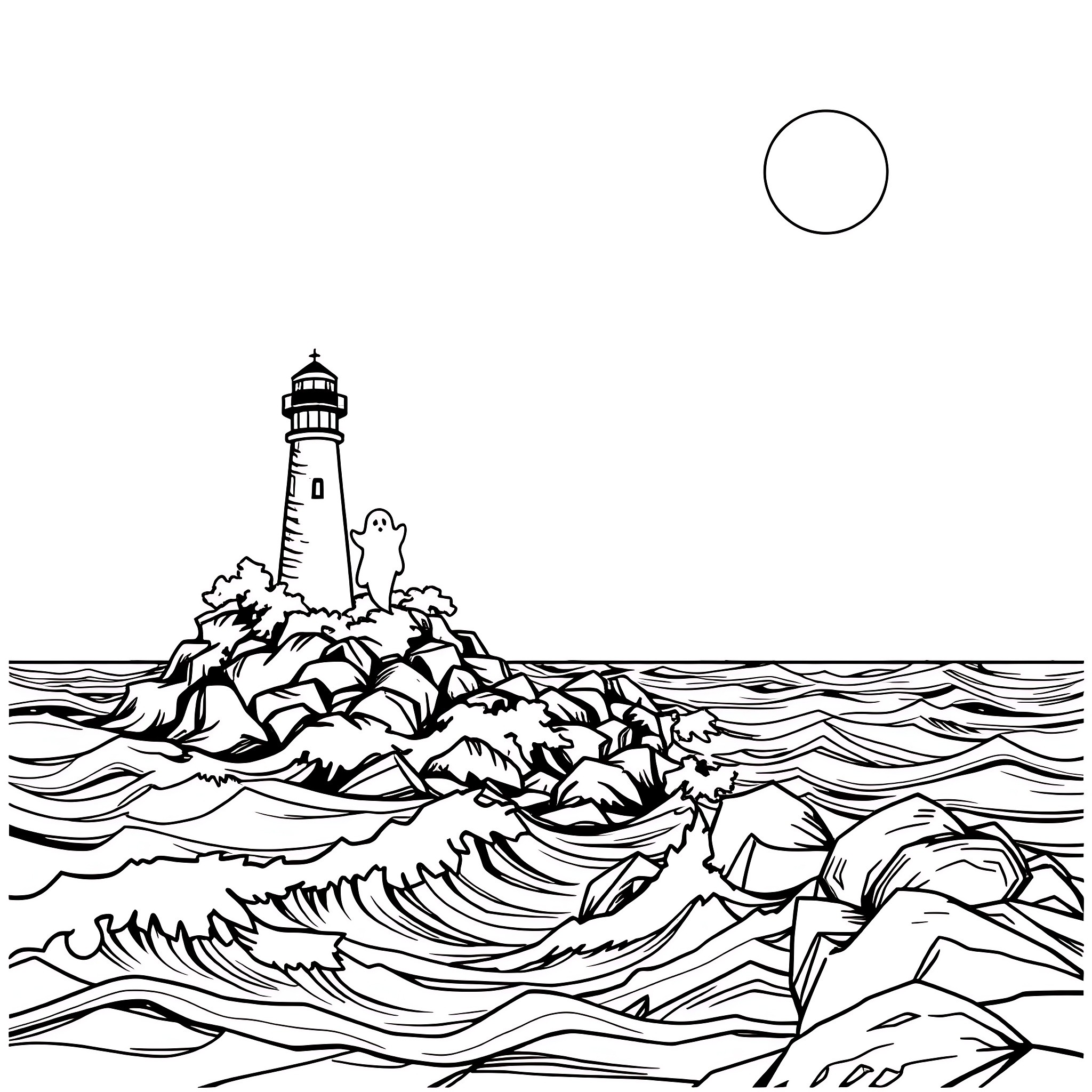 Haunted House by the Stormy Sea Coloring Page (free black-and-white line drawing printable PDF for all, from beginners to advanced learners, including children, teens, adults, and seniors)