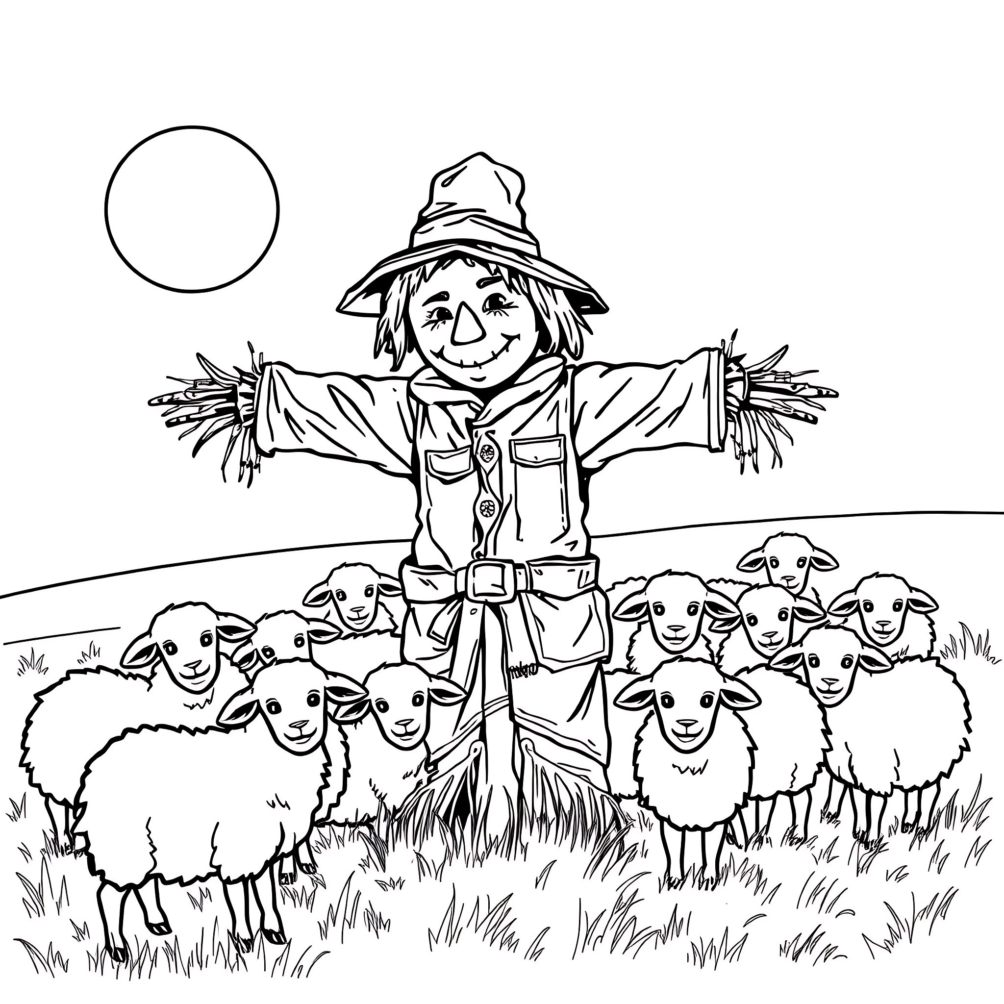 Scarecrow watching over a flock of sheep in a field Coloring Page (free black-and-white line drawing printable PDF for all, from beginners to advanced learners, including children, teens, adults, and seniors)