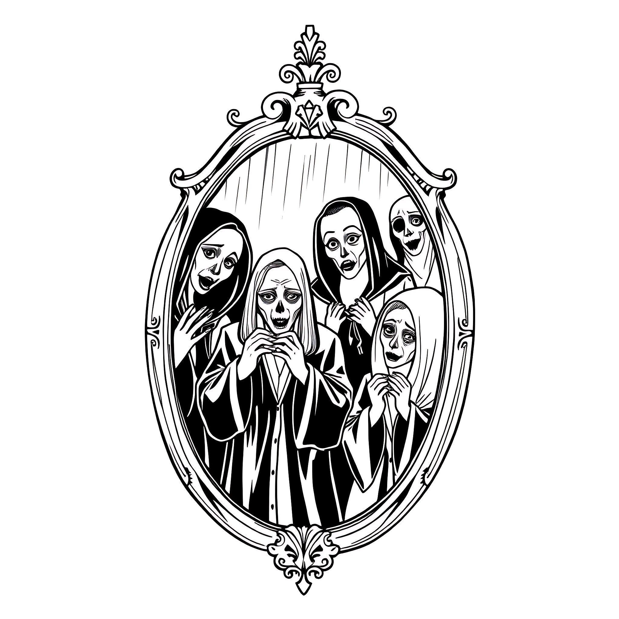 Eerie Figures in Mirror Frame Coloring Page (free black-and-white line drawing printable PDF for all, from beginners to advanced learners, including children, teens, adults, and seniors)