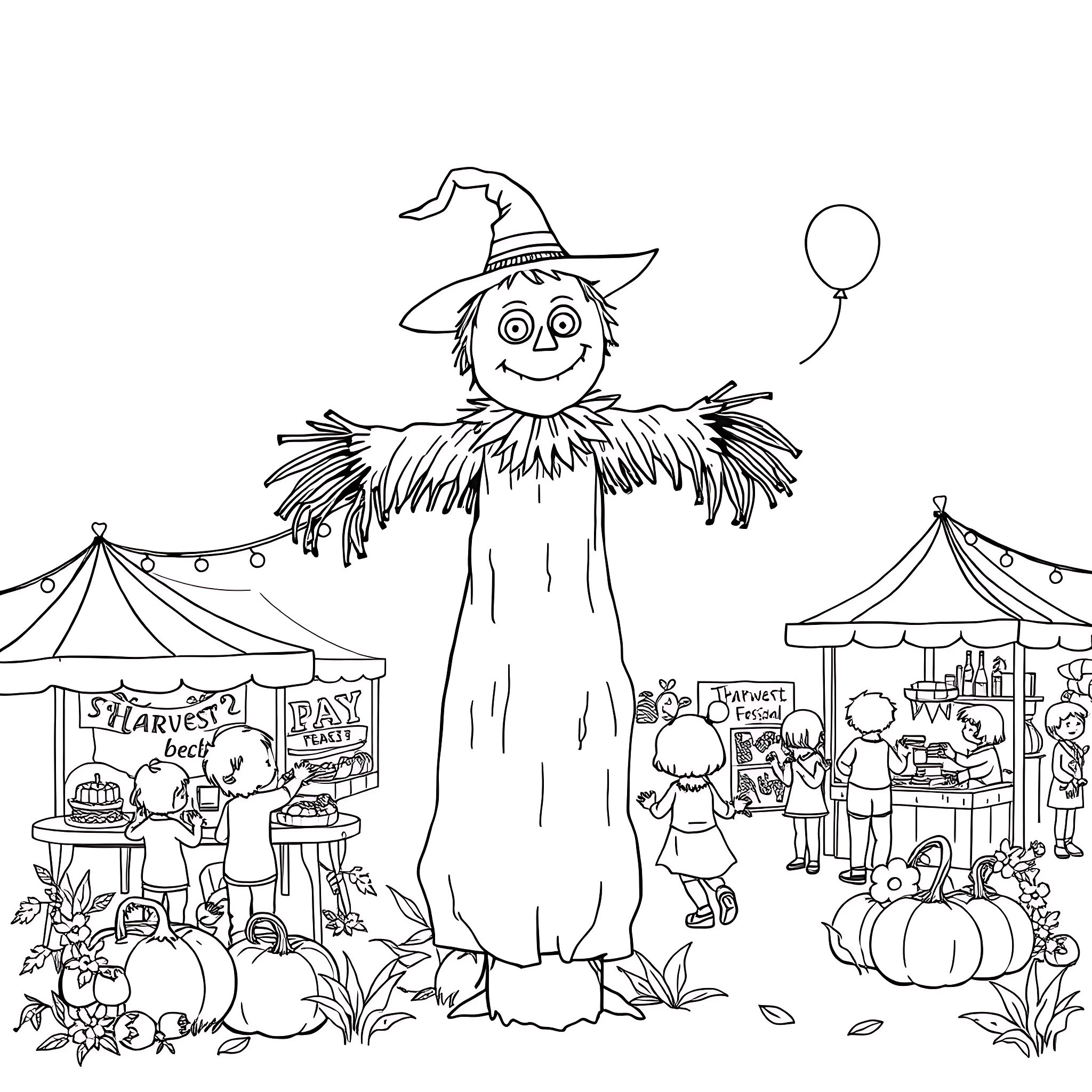 Scarecrow attending a lively harvest festival with booths and balloons Coloring Page (free black-and-white line drawing printable PDF for all, from beginners to advanced learners, including children, teens, adults, and seniors)