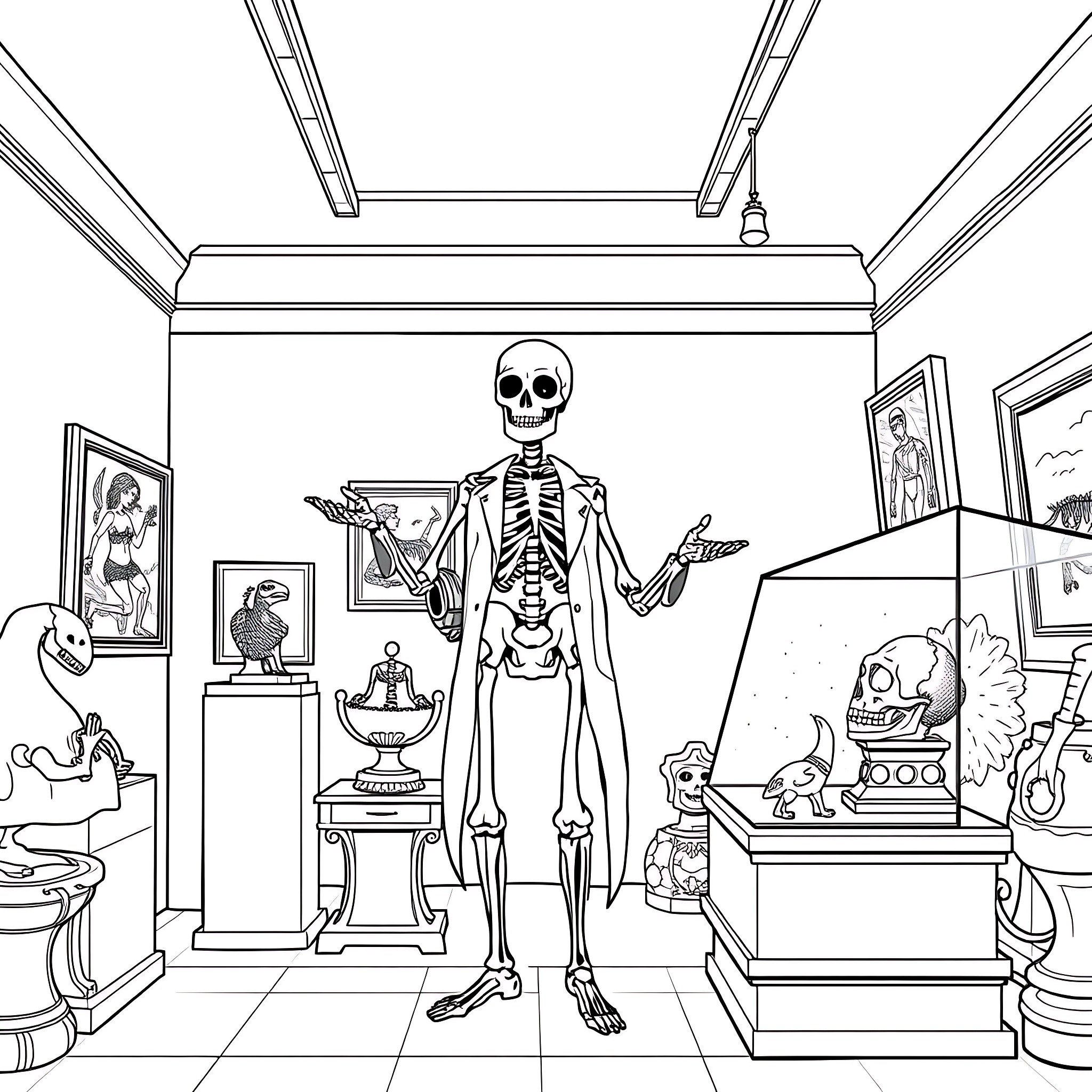 Skeleton displaying various macabre items in a spooky room Coloring Page (free black-and-white line drawing printable PDF for all, from beginners to advanced learners, including children, teens, adults, and seniors)