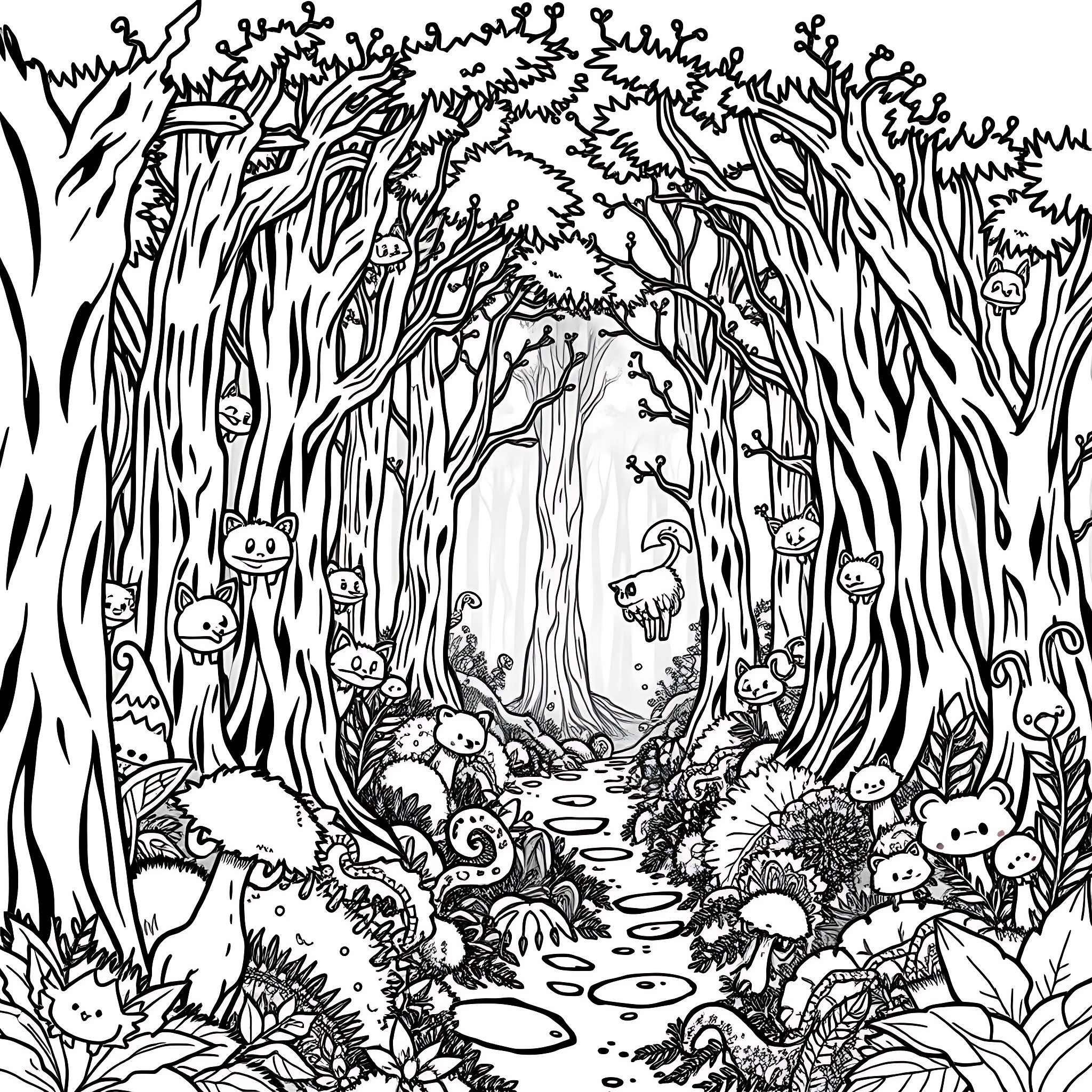 Whimsical Forest Creatures in Enchanted Woodland Coloring Page (free black-and-white line drawing printable PDF for all, from beginners to advanced learners, including children, teens, adults, and seniors)