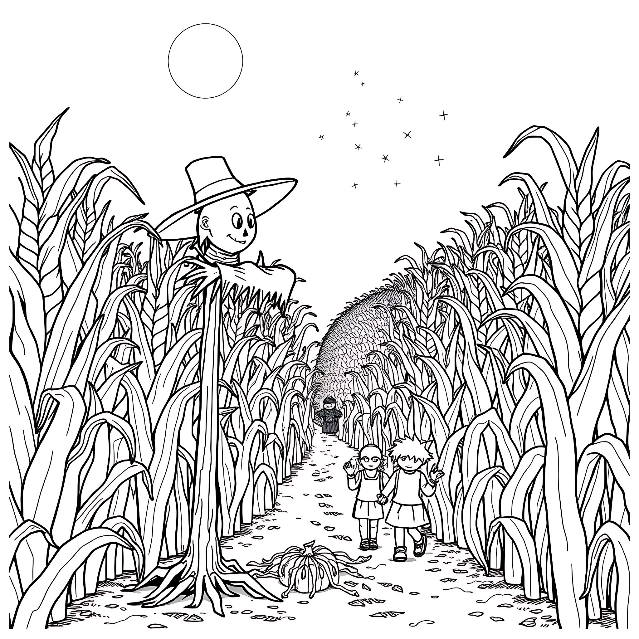 Scarecrow standing guard in a cornfield with children walking by Coloring Page (free black-and-white line drawing printable PDF for all, from beginners to advanced learners, including children, teens, adults, and seniors)
