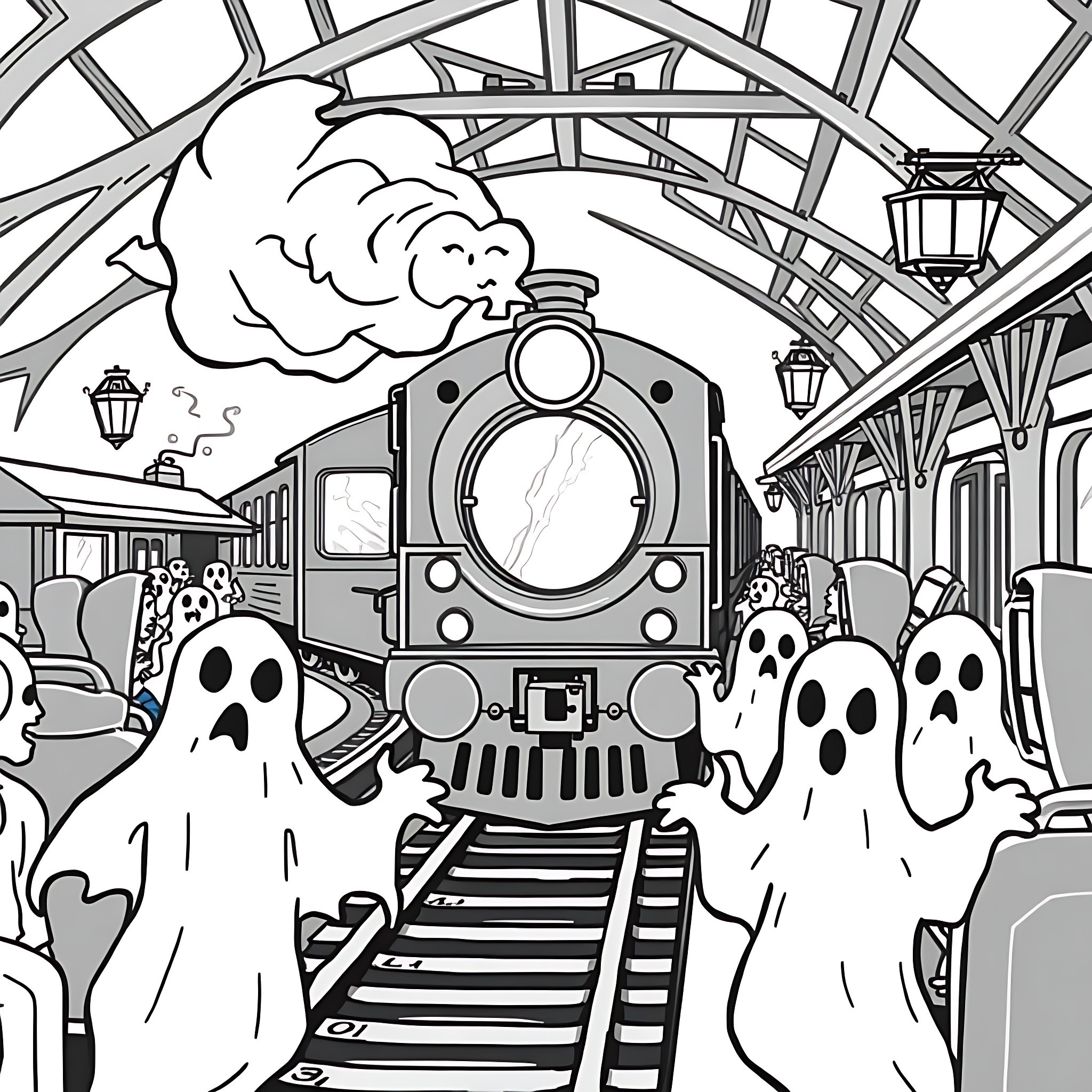 Train Station Scene with Ghosts Coloring Page (free black-and-white line drawing printable PDF for all, from beginners to advanced learners, including children, teens, adults, and seniors)