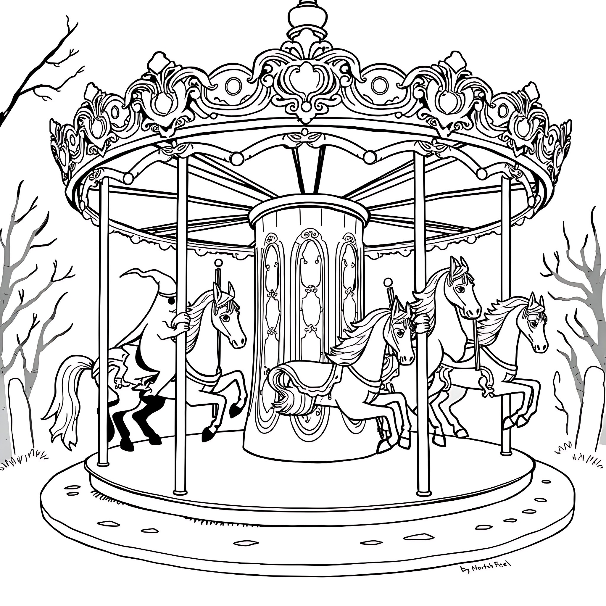 Haunted House Carousel with Ghostly Figures Coloring Page (free black-and-white line drawing printable PDF for all, from beginners to advanced learners, including children, teens, adults, and seniors)