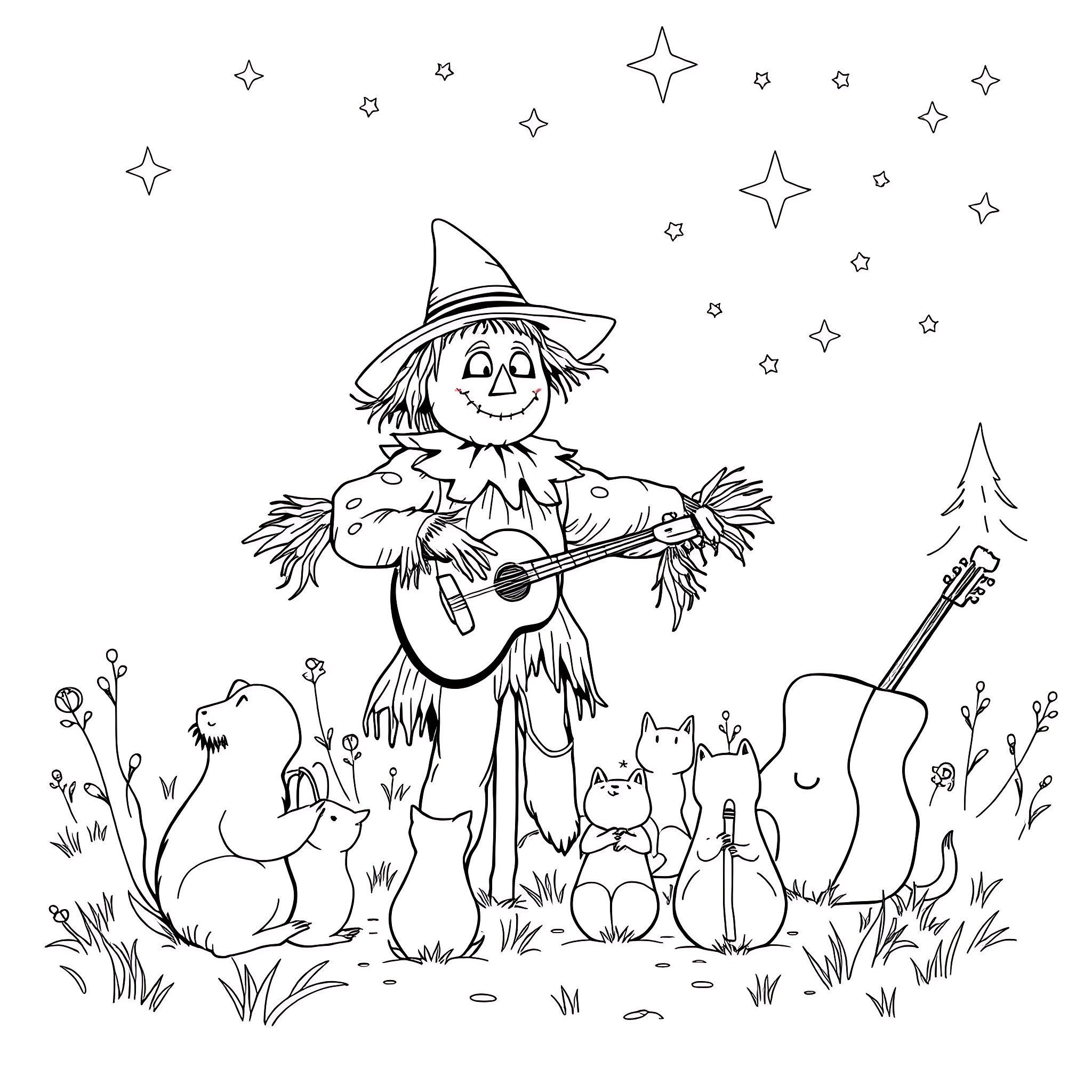 Scarecrow playing guitar with woodland animals Coloring Page (free black-and-white line drawing printable PDF for all, from beginners to advanced learners, including children, teens, adults, and seniors)