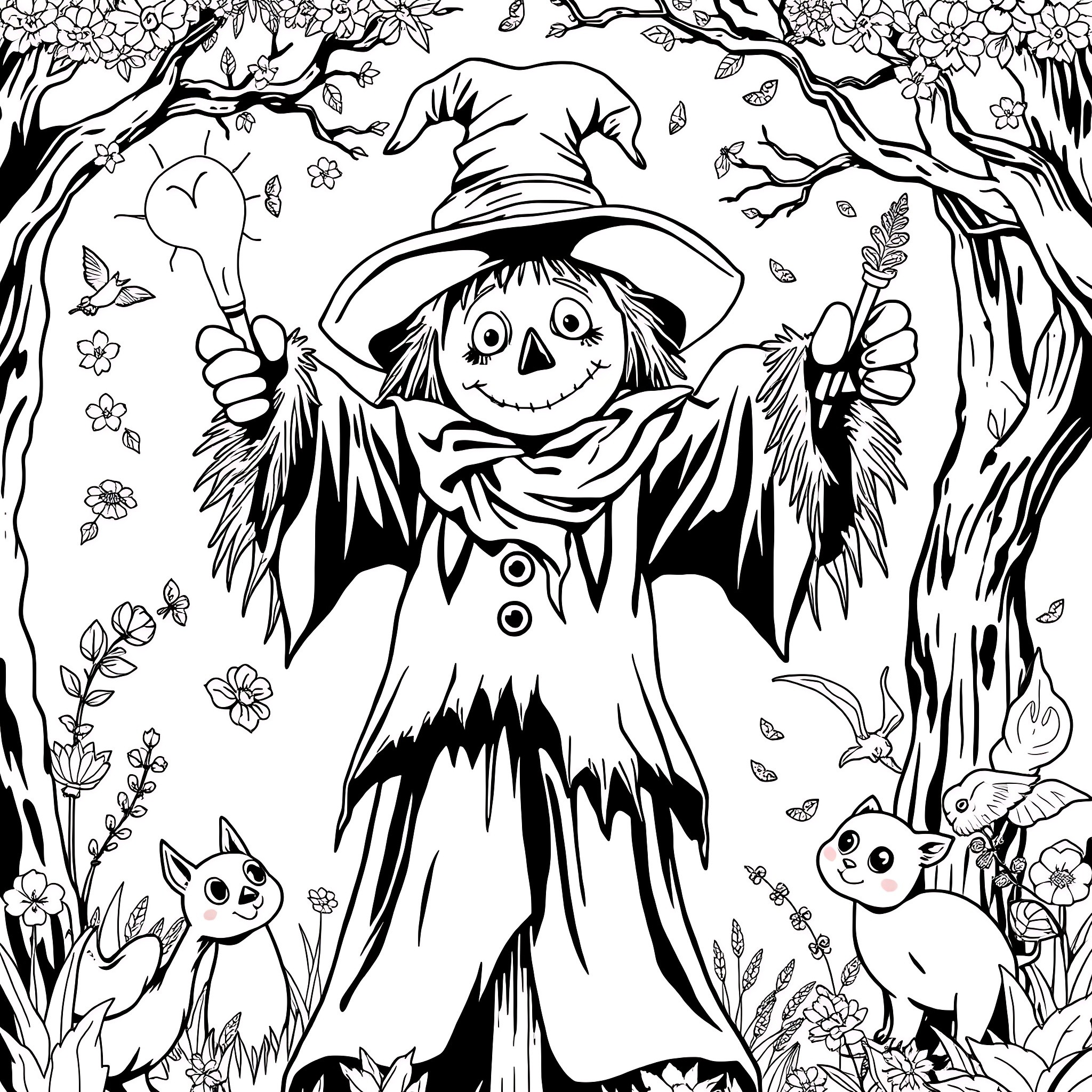 Scarecrow spreading joy in the enchanted forest Coloring Page (free black-and-white line drawing printable PDF for all, from beginners to advanced learners, including children, teens, adults, and seniors)