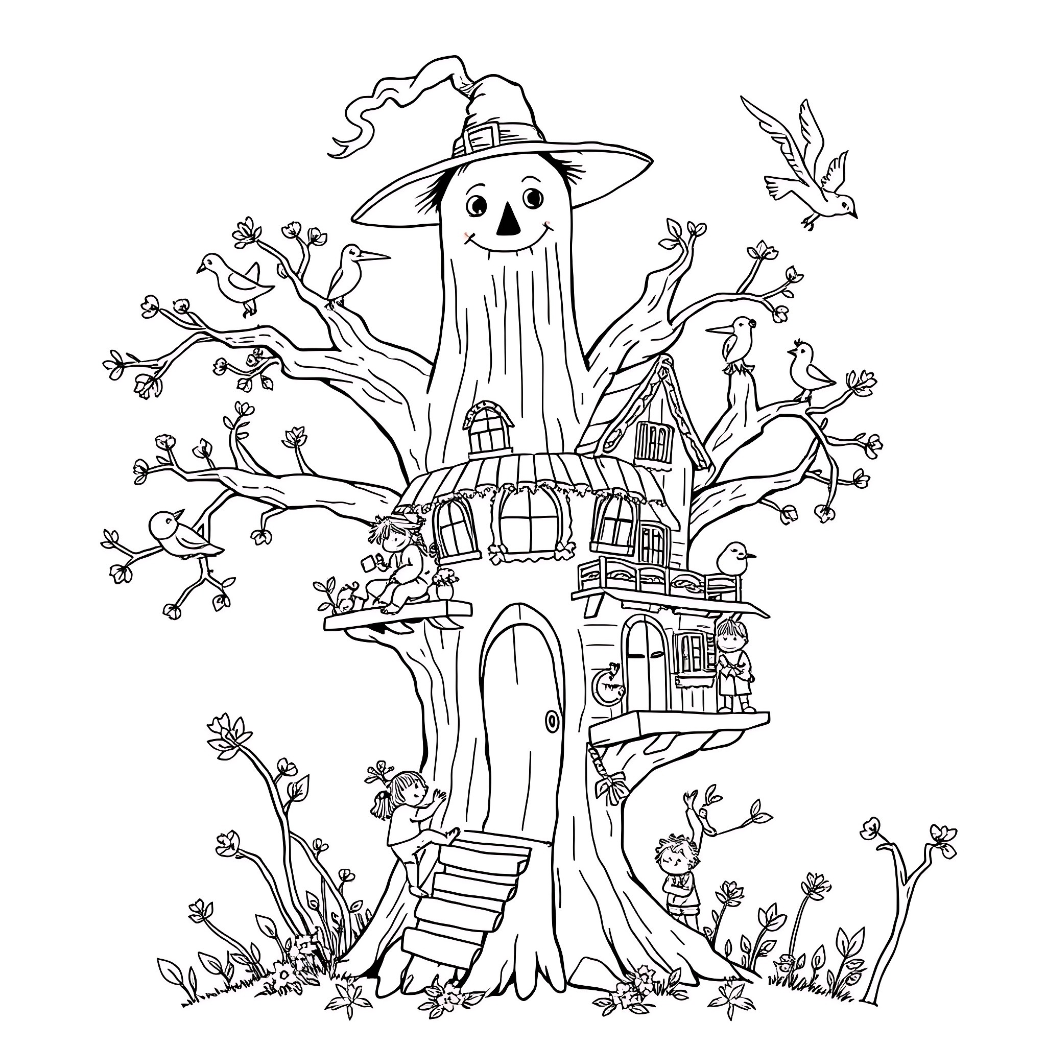 Scarecrow in a magical tree house with woodland creatures Coloring Page (free black-and-white line drawing printable PDF for all, from beginners to advanced learners, including children, teens, adults, and seniors)