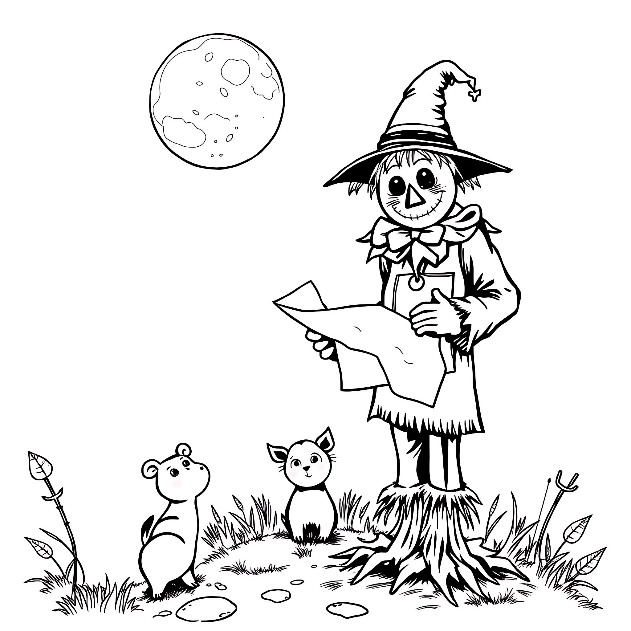 Scarecrow reading a letter in a spooky forest Coloring Page (free black-and-white line drawing printable PDF for all, from beginners to advanced learners, including children, teens, adults, and seniors)