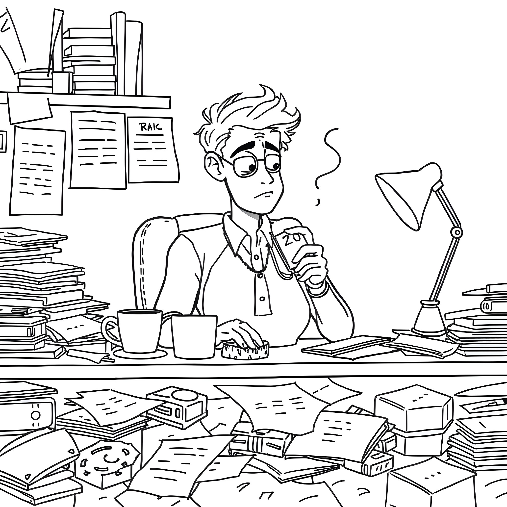 Vessel of Work Stress and Disarray Coloring Page (free black-and-white line drawing printable PDF for all, from beginners to advanced learners, including children, teens, adults, and seniors)