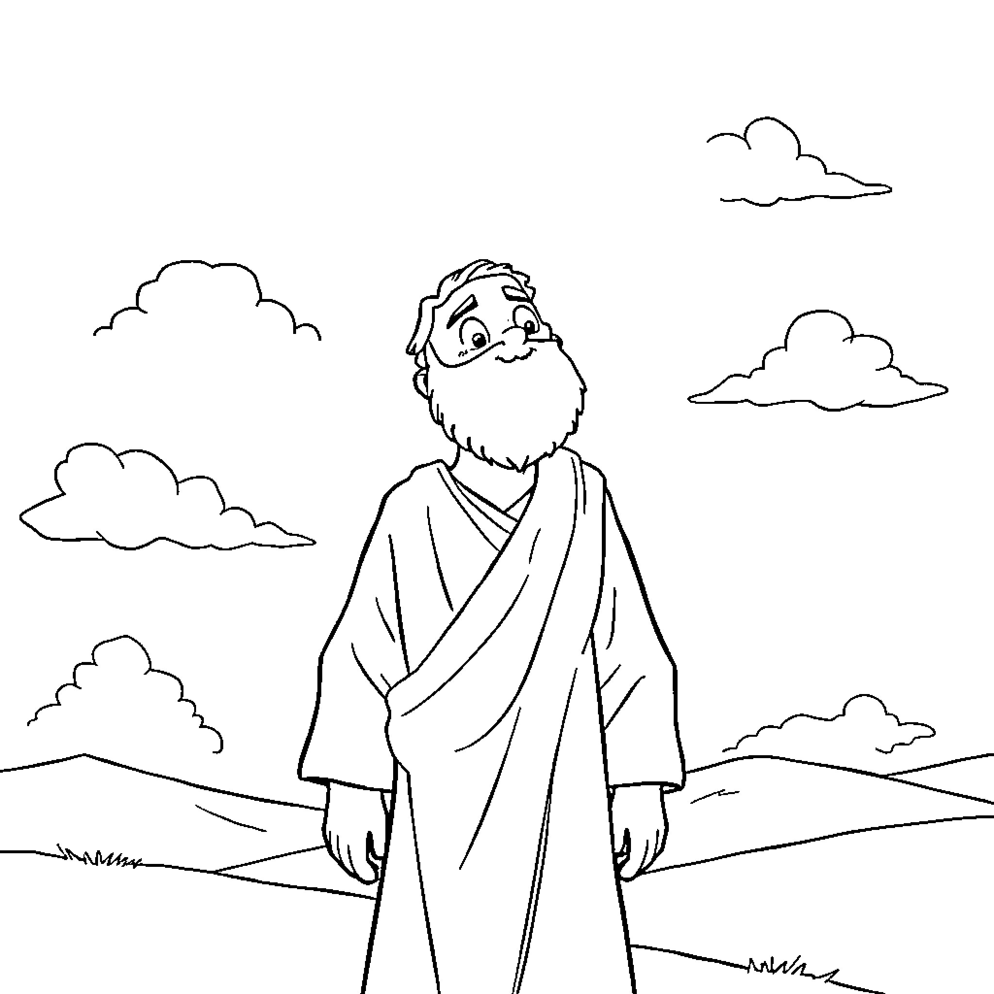 Jonah contemplating in a serene landscape Coloring Page (free black-and-white line drawing printable PDF for all, from beginners to advanced learners, including children, teens, adults, and seniors)