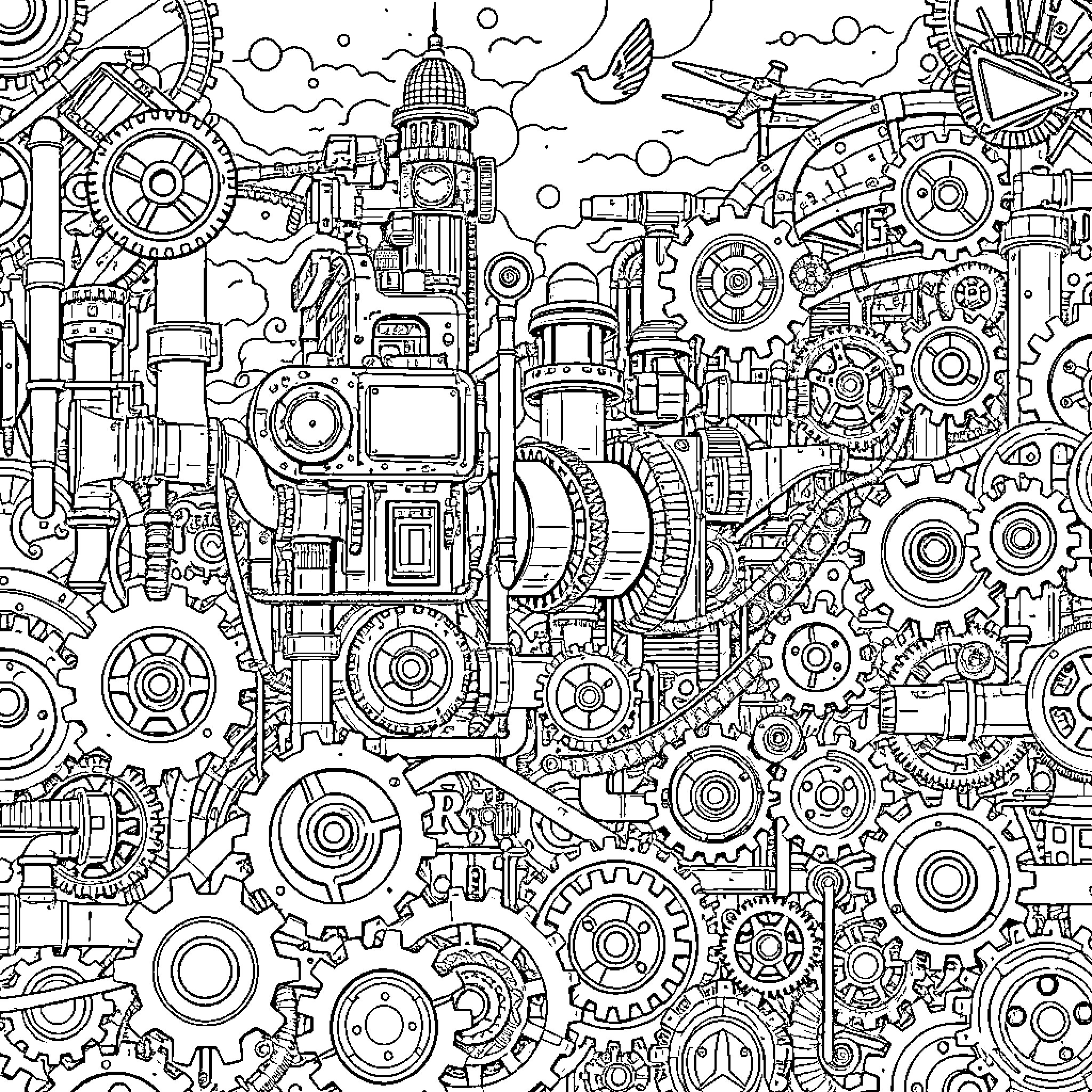 Steampunk Machinery and Gadgets in Action Coloring Page (free black-and-white line drawing printable PDF for all, from beginners to advanced learners, including children, teens, adults, and seniors)