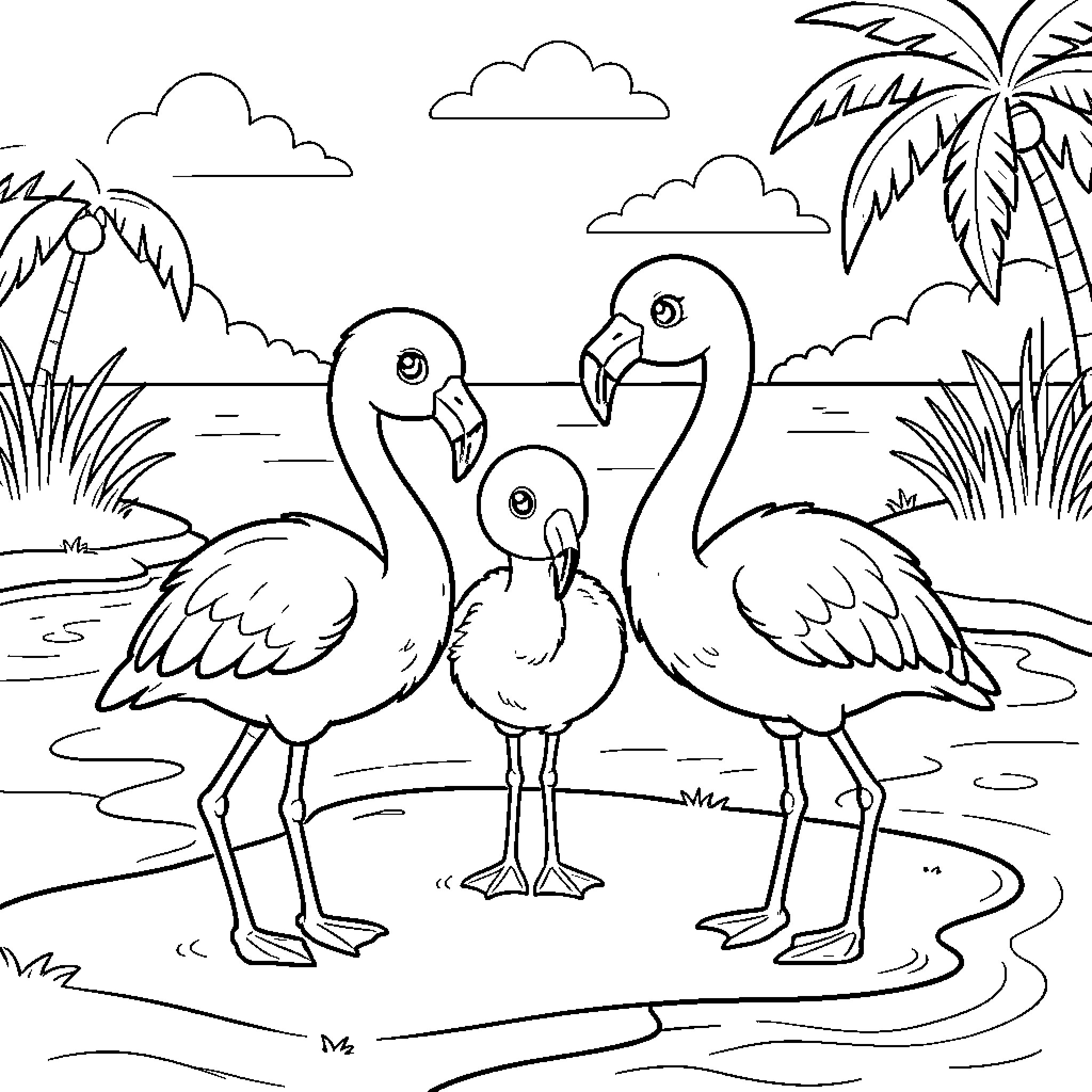 Flamingos strolling by the tropical beach Coloring Page (free black-and-white line drawing printable PDF for all, from beginners to advanced learners, including children, teens, adults, and seniors)