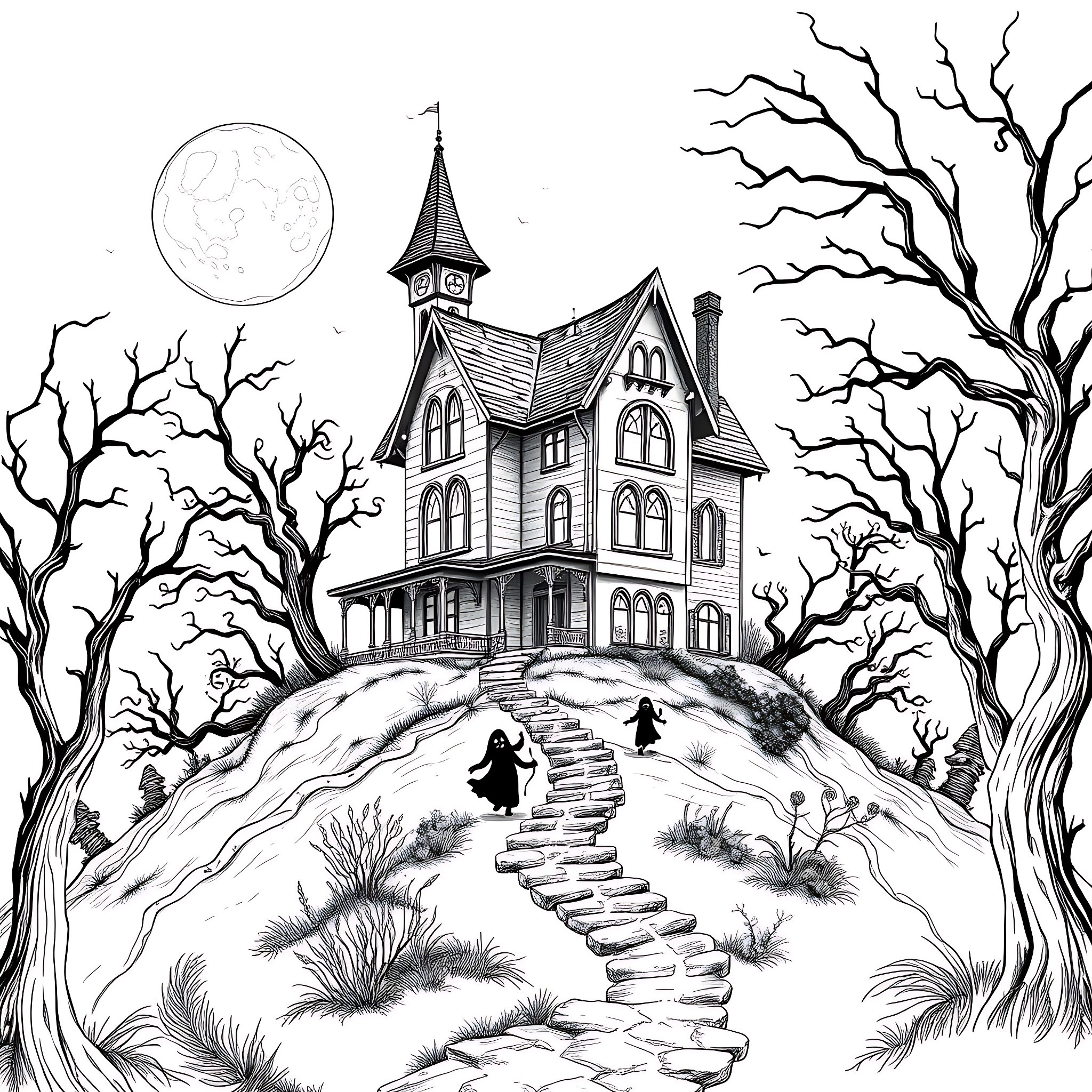 Haunted House Looming Under a Moonlit Night Coloring Page (free black-and-white line drawing printable PDF for all, from beginners to advanced learners, including children, teens, adults, and seniors)