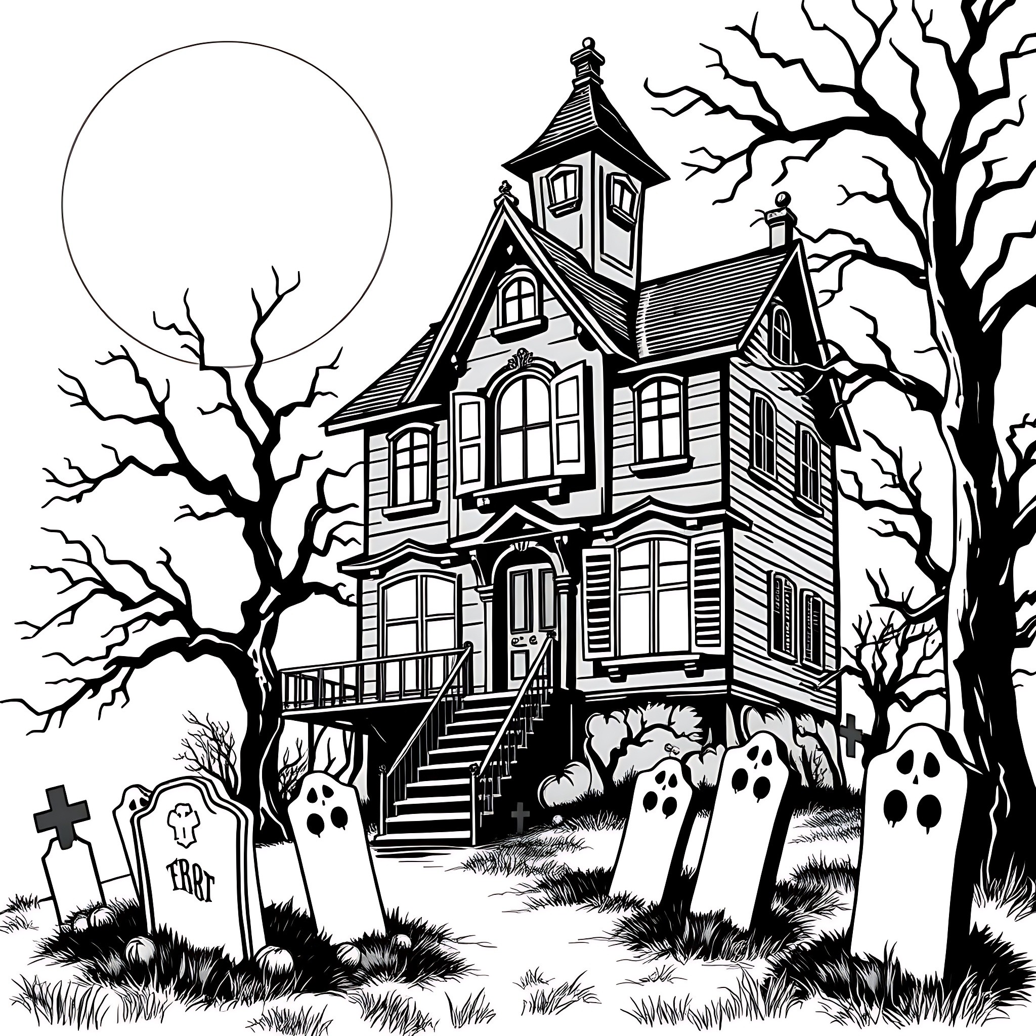 Haunted House of Ghostly Apparitions Coloring Page (free black-and-white line drawing printable PDF for all, from beginners to advanced learners, including children, teens, adults, and seniors)