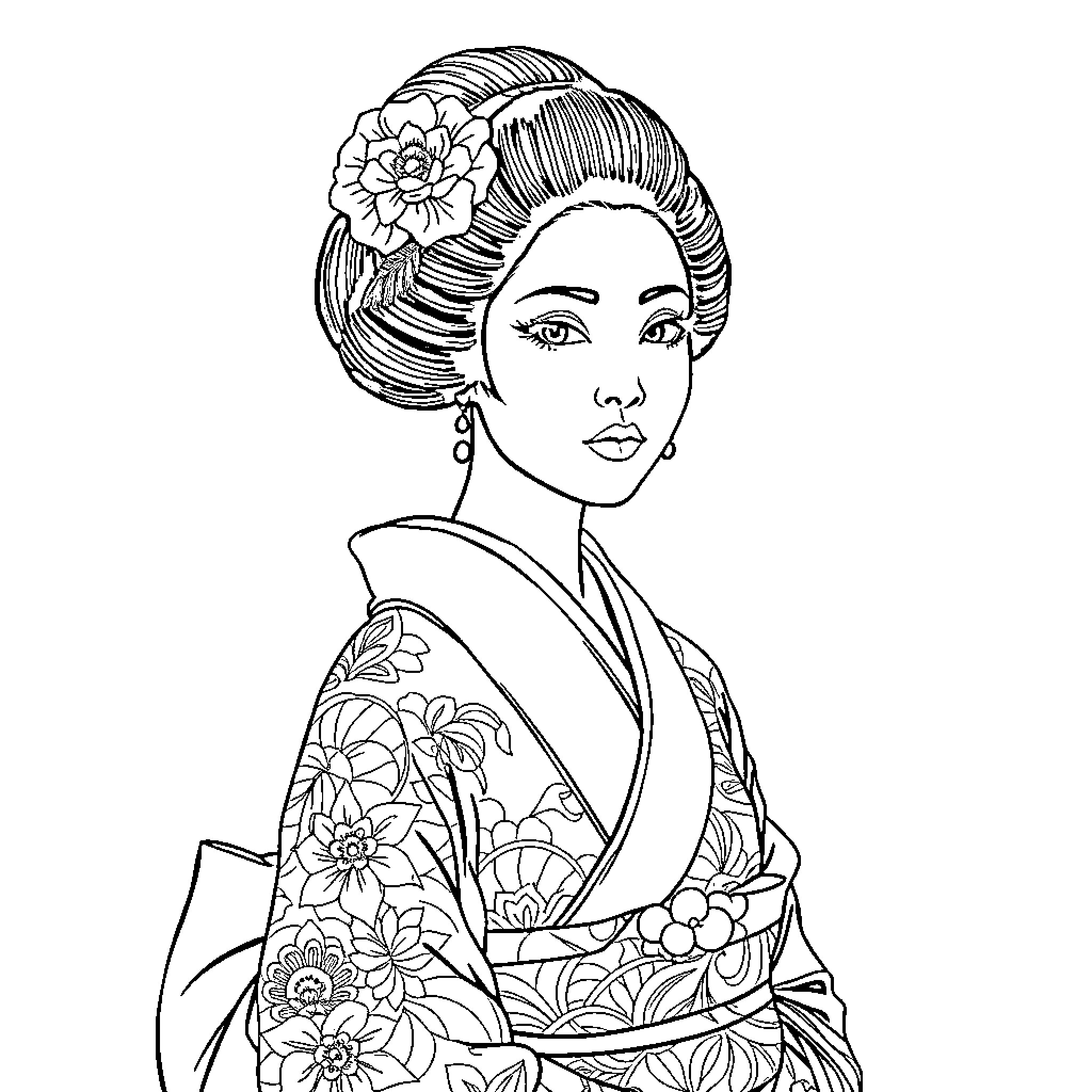 Geisha with ornate floral kimono and elaborate hairstyle Coloring Page (free black-and-white line drawing printable PDF for all, from beginners to advanced learners, including children, teens, adults, and seniors)