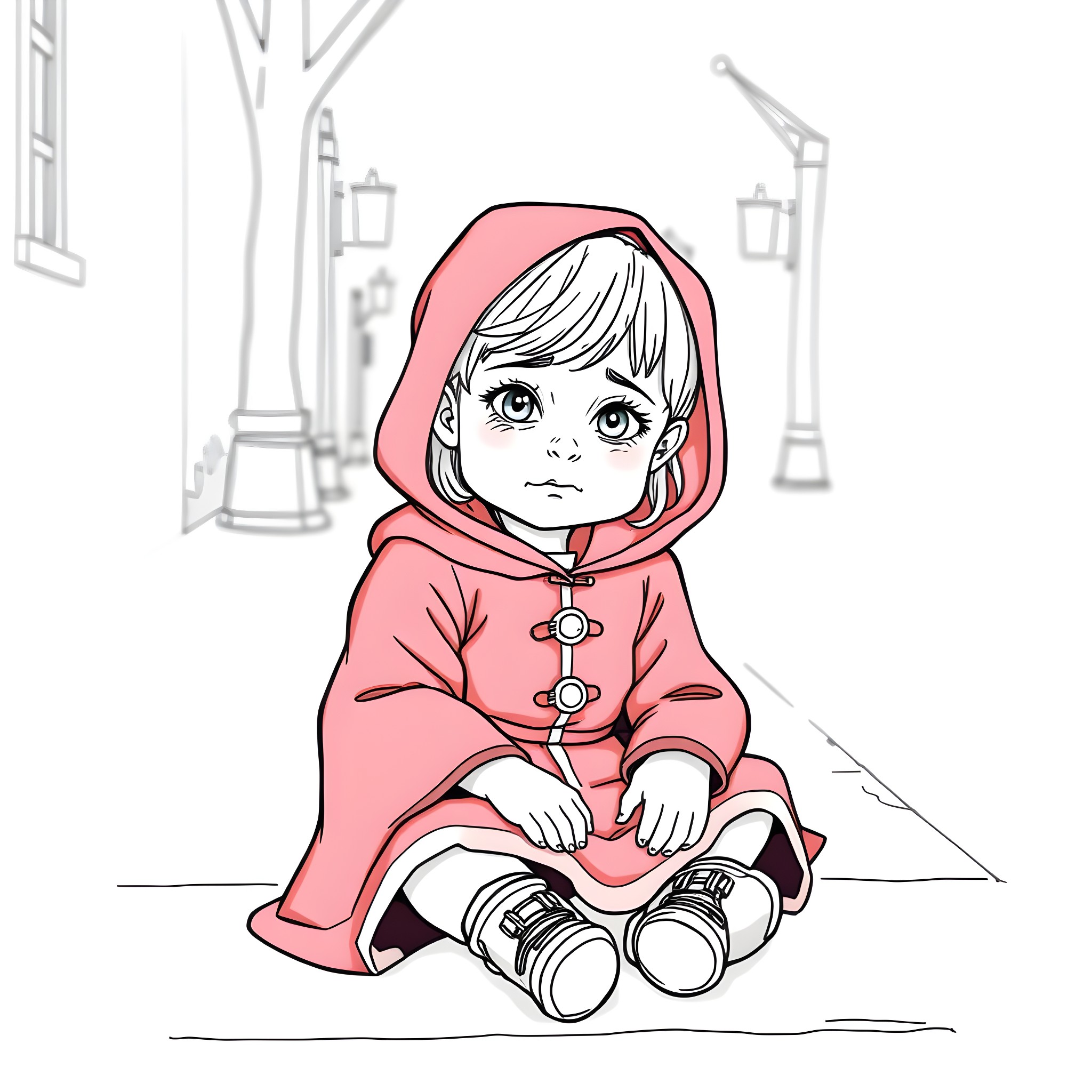 Red Riding Hood sits alone with a troubled expression Coloring Page (free black-and-white line drawing printable PDF for all, from beginners to advanced learners, including children, teens, adults, and seniors)