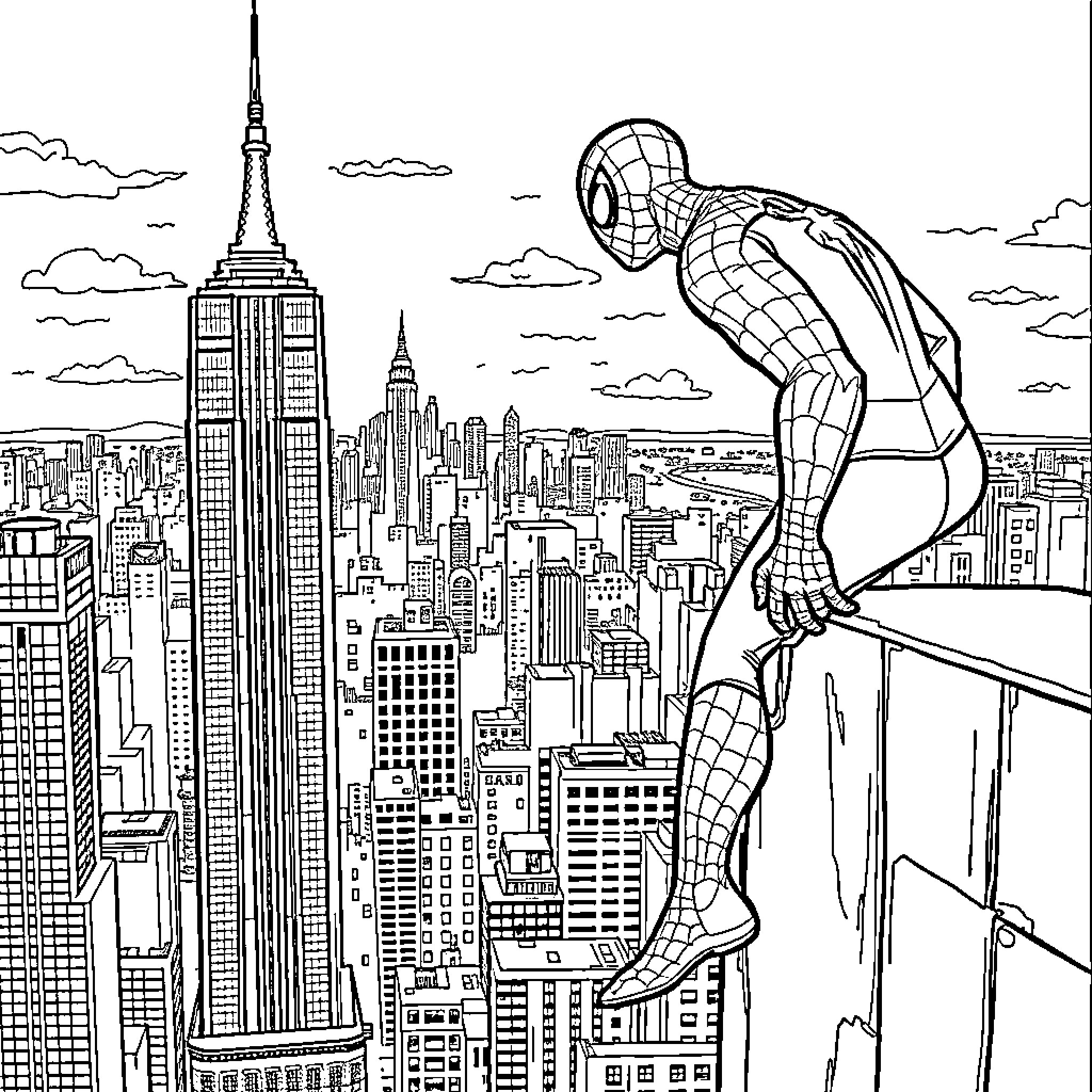 Spiderman overlooking the city skyline Coloring Page (free black-and-white line drawing printable PDF for all, from beginners to advanced learners, including children, teens, adults, and seniors)