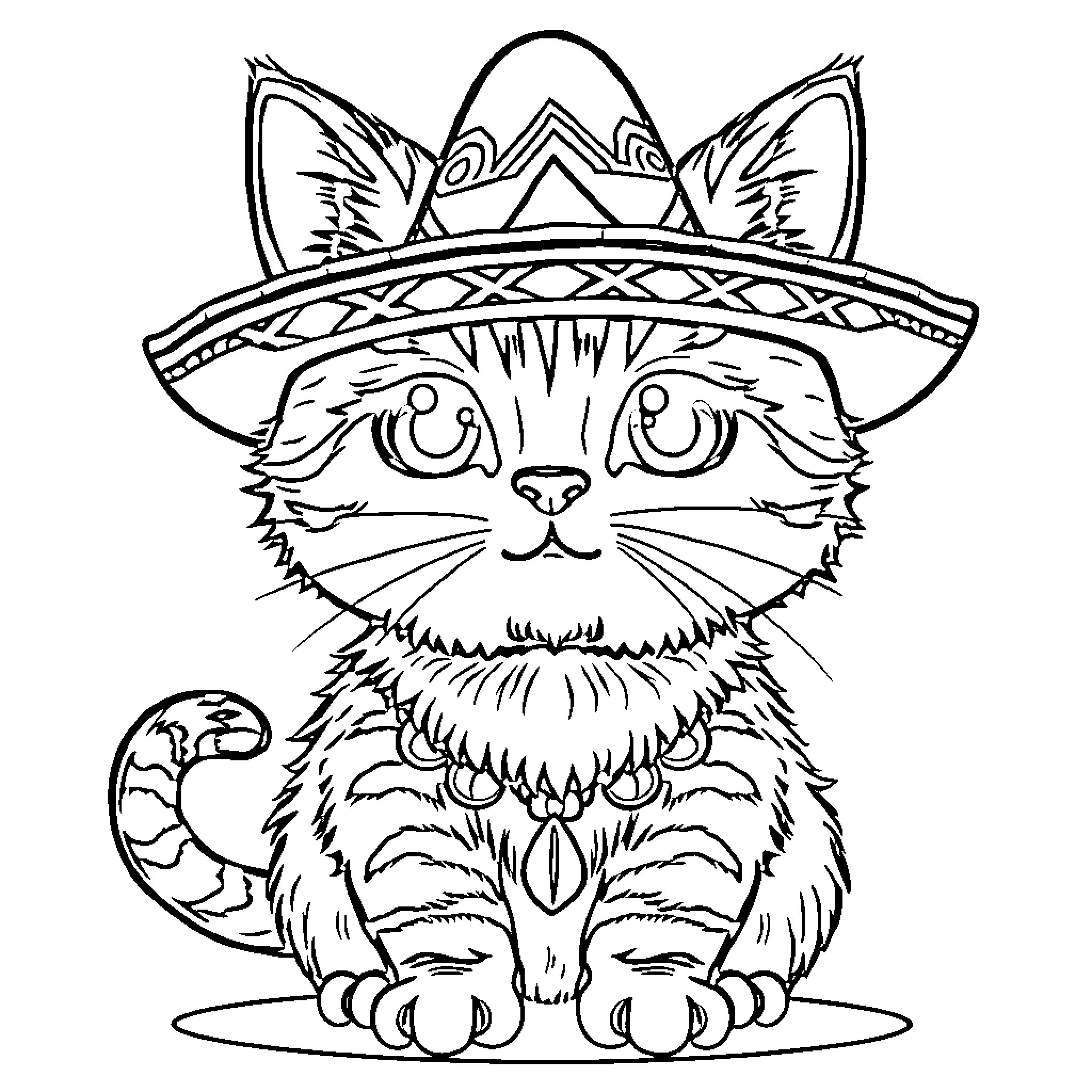Gato in Ceremonial Headpiece Coloring Page (free black-and-white line drawing printable PDF for all, from beginners to advanced learners, including children, teens, adults, and seniors)