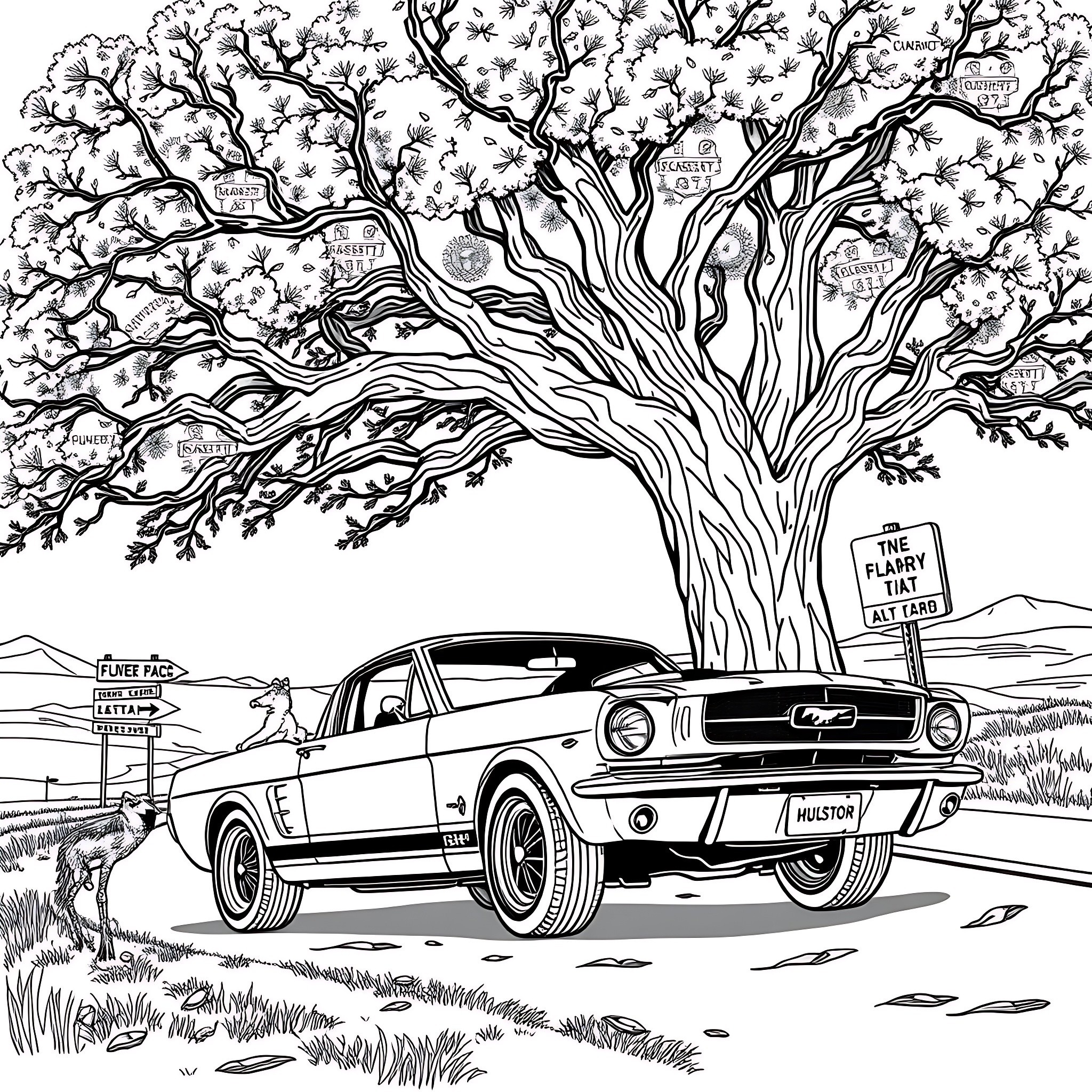 Ford Mustang speeding down the countryside road Coloring Page (free black-and-white line drawing printable PDF for all, from beginners to advanced learners, including children, teens, adults, and seniors)