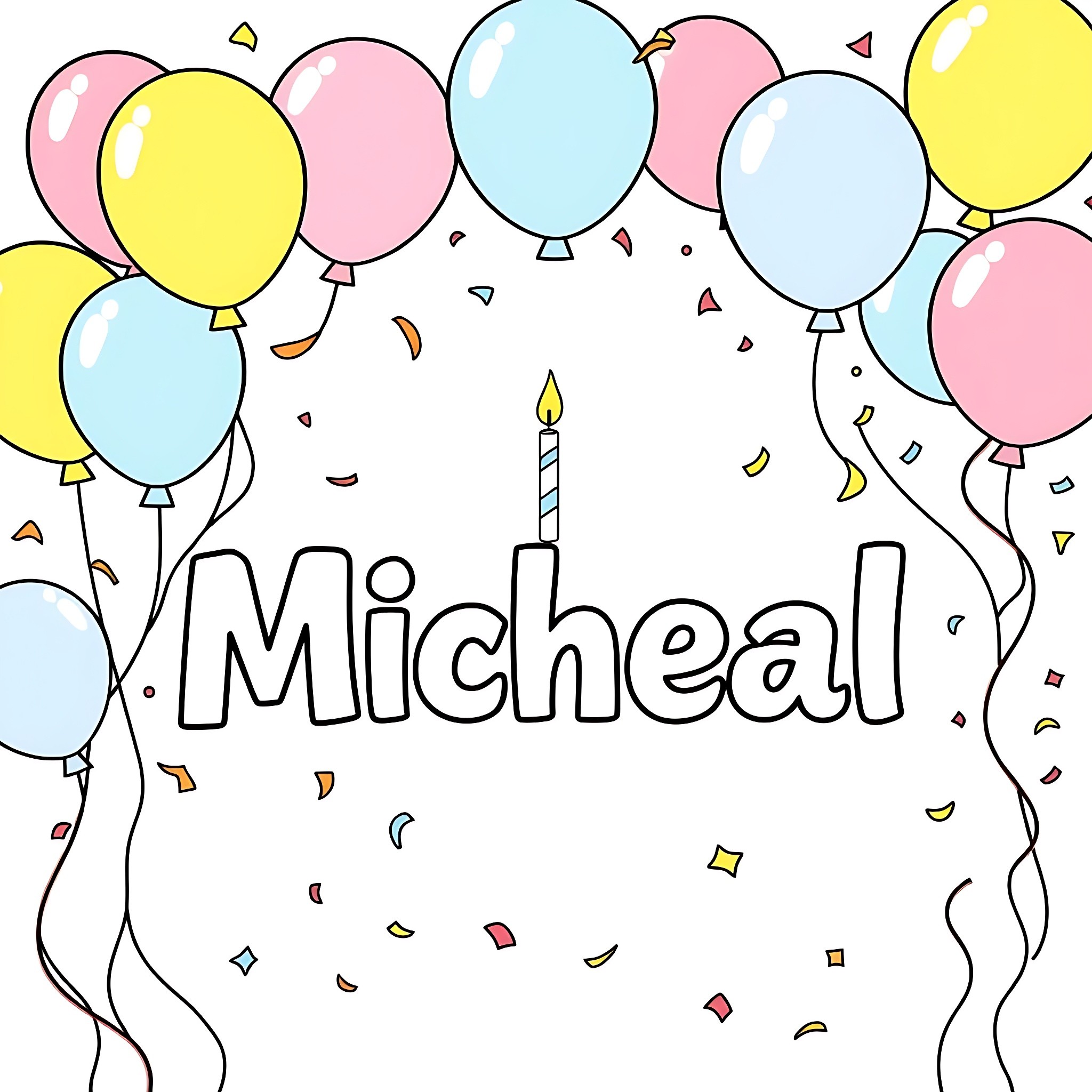 Birthday Card with Colorful Balloons and Confetti Coloring Page (free black-and-white line drawing printable PDF for all, from beginners to advanced learners, including children, teens, adults, and seniors)