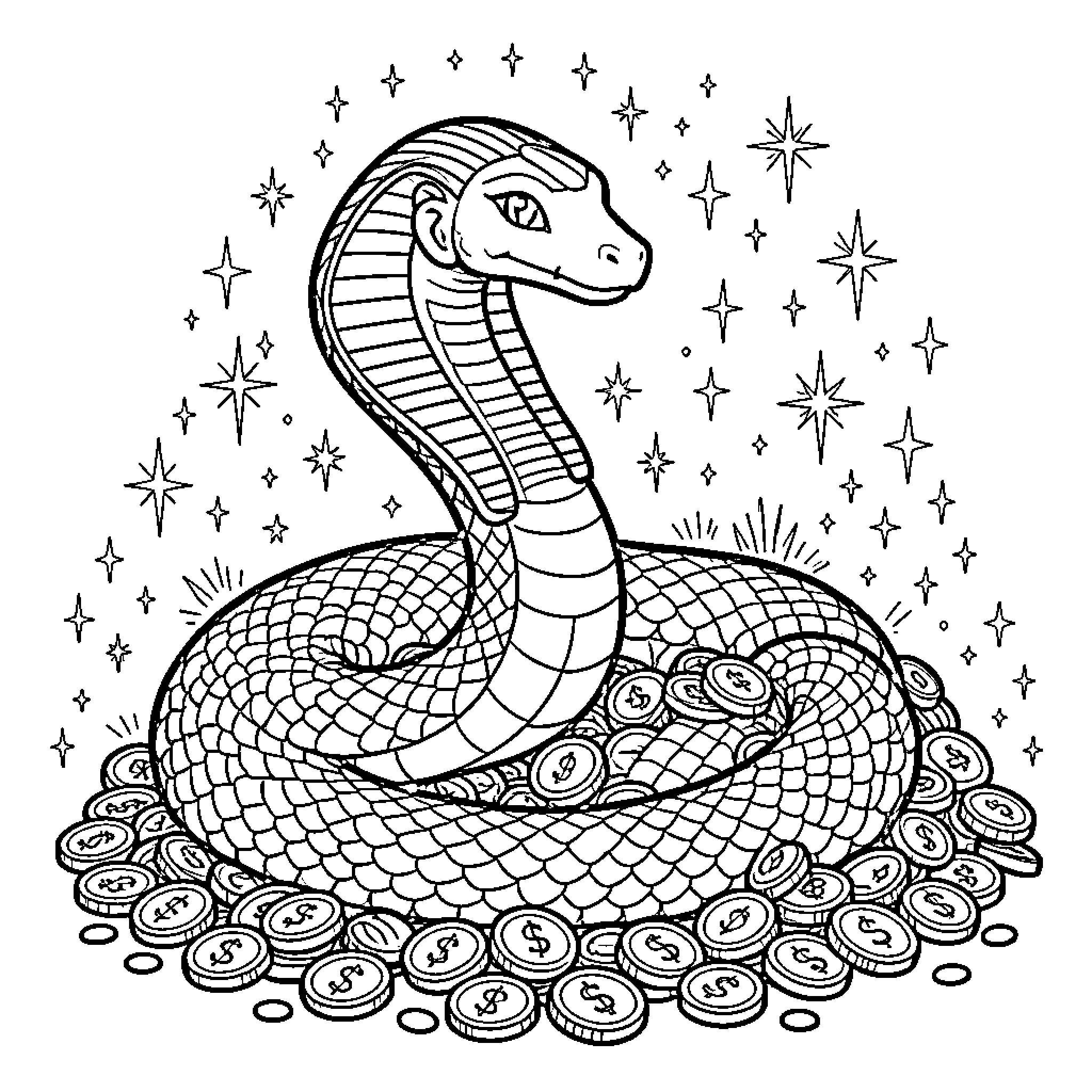 Serpent guarding a large pile of coins Coloring Page (free black-and-white line drawing printable PDF for all, from beginners to advanced learners, including children, teens, adults, and seniors)