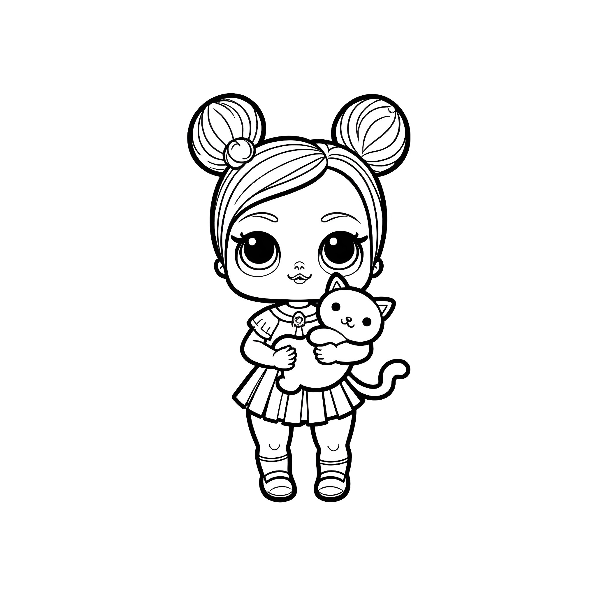 Lol Doll holding a cute pet Coloring Page (free black-and-white line drawing printable PDF for all, from beginners to advanced learners, including children, teens, adults, and seniors)