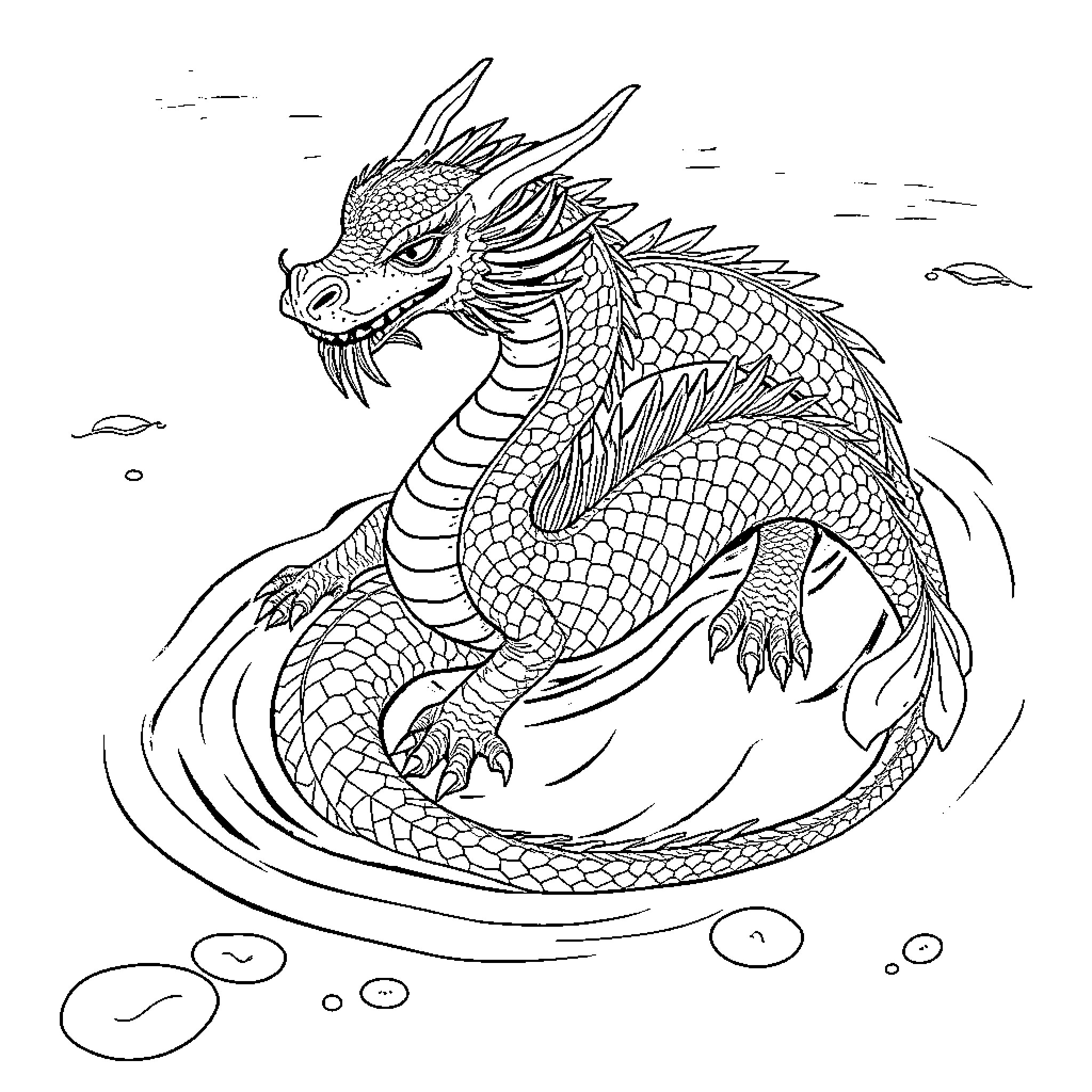 Water Dragon Soaring Through Ethereal Realm Coloring Page (free black-and-white line drawing printable PDF for all, from beginners to advanced learners, including children, teens, adults, and seniors)