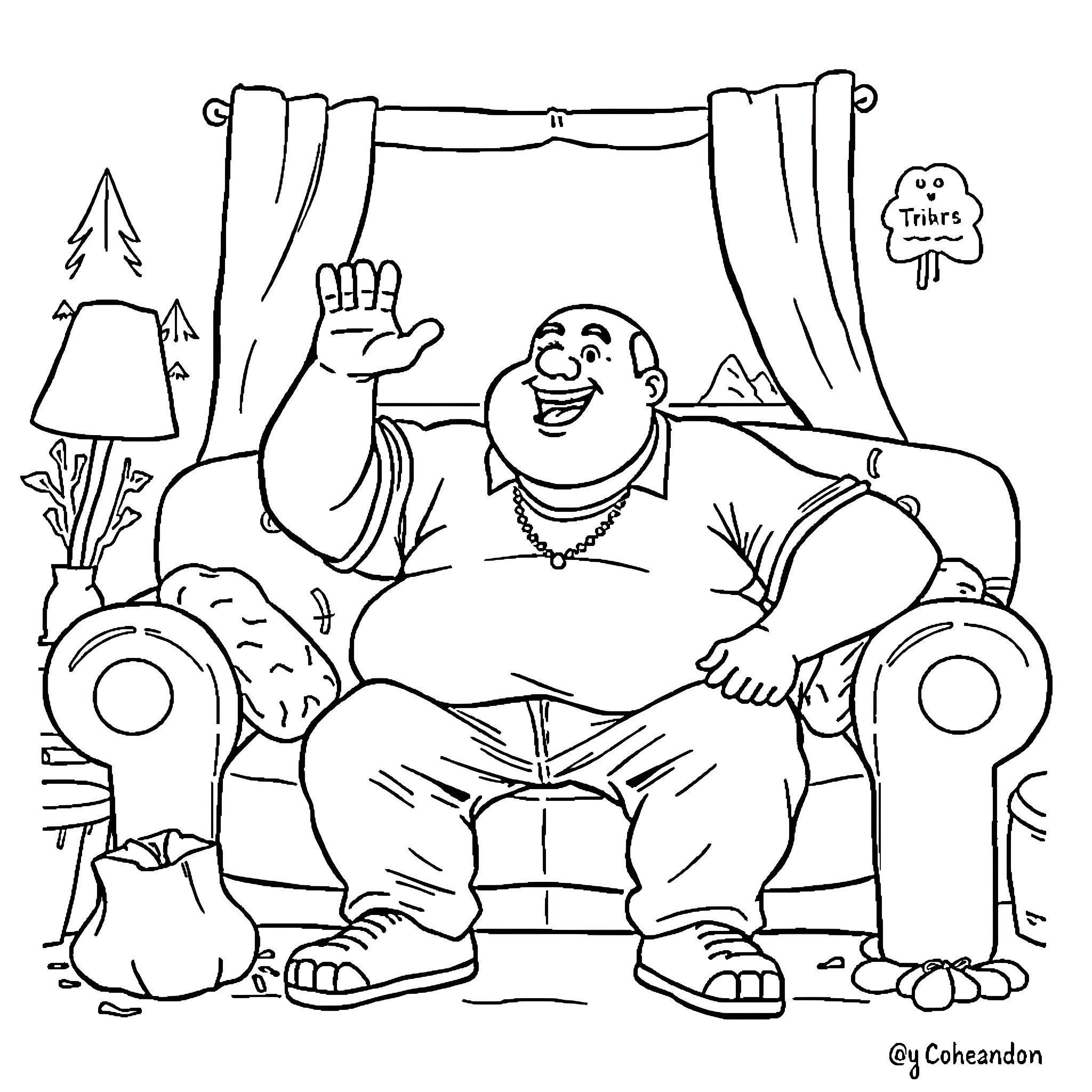 Person relaxing comfortably in an armchair Coloring Page (free black-and-white line drawing printable PDF for all, from beginners to advanced learners, including children, teens, adults, and seniors)