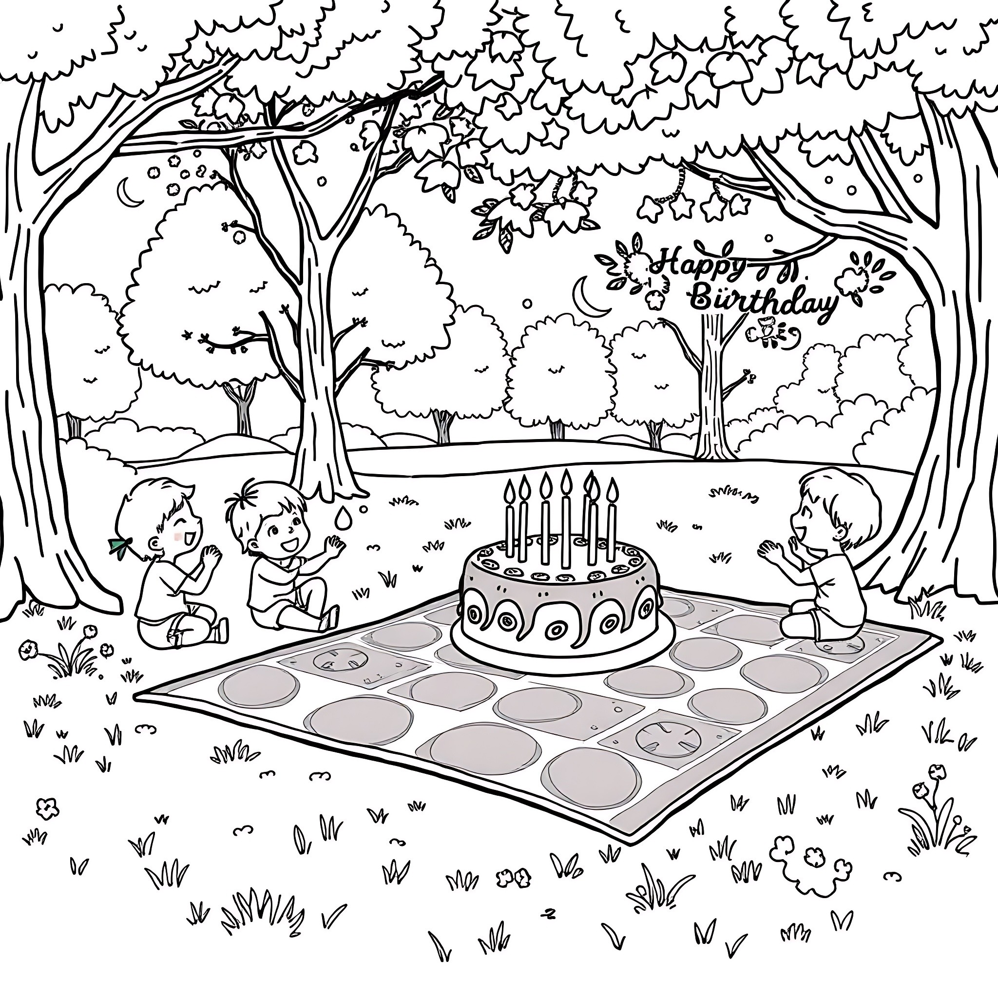 Birthday Celebration Outdoors with Cake and Friends Coloring Page (free black-and-white line drawing printable PDF for all, from beginners to advanced learners, including children, teens, adults, and seniors)