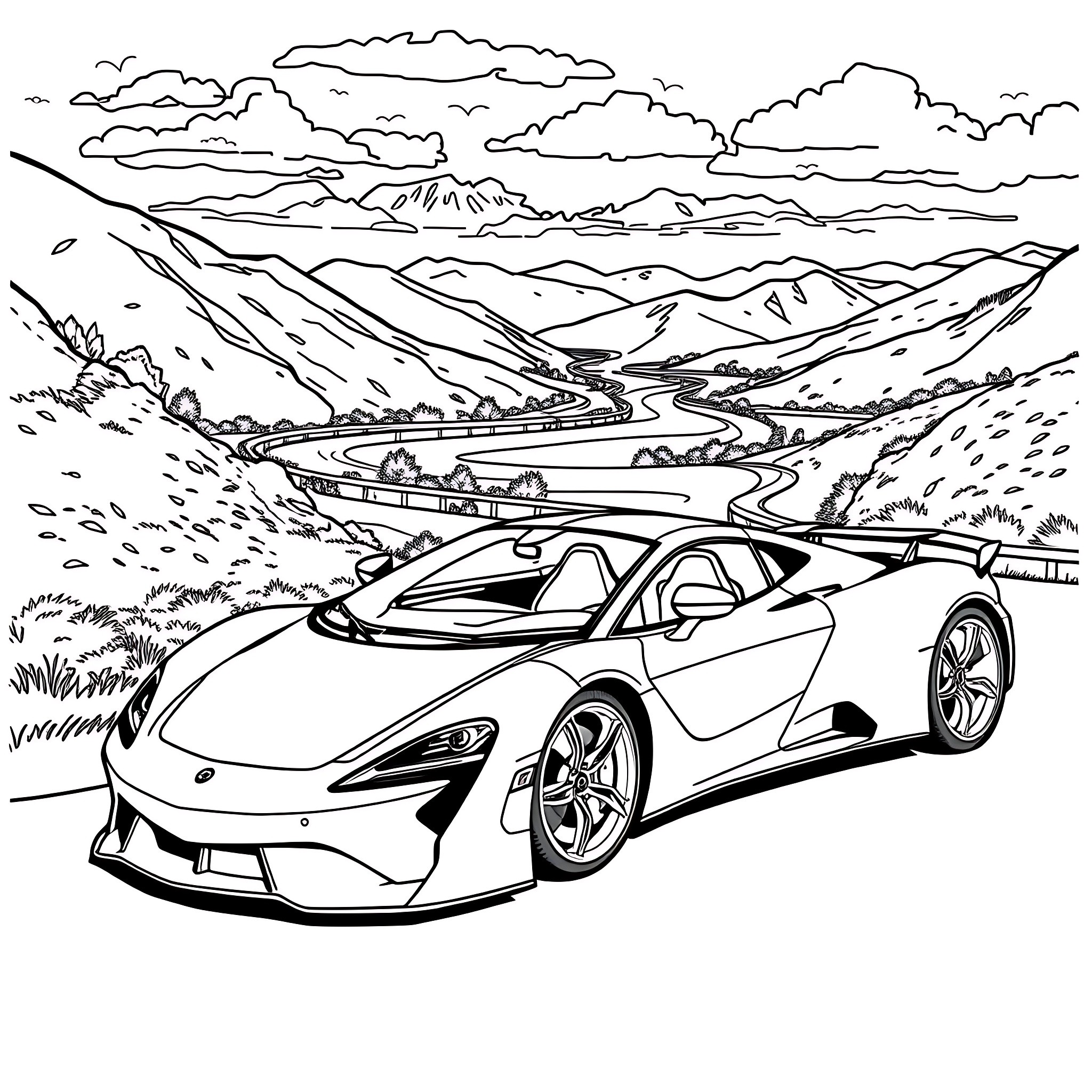 Lamborghini speeding through the majestic mountain landscape Coloring Page (free black-and-white line drawing printable PDF for all, from beginners to advanced learners, including children, teens, adults, and seniors)