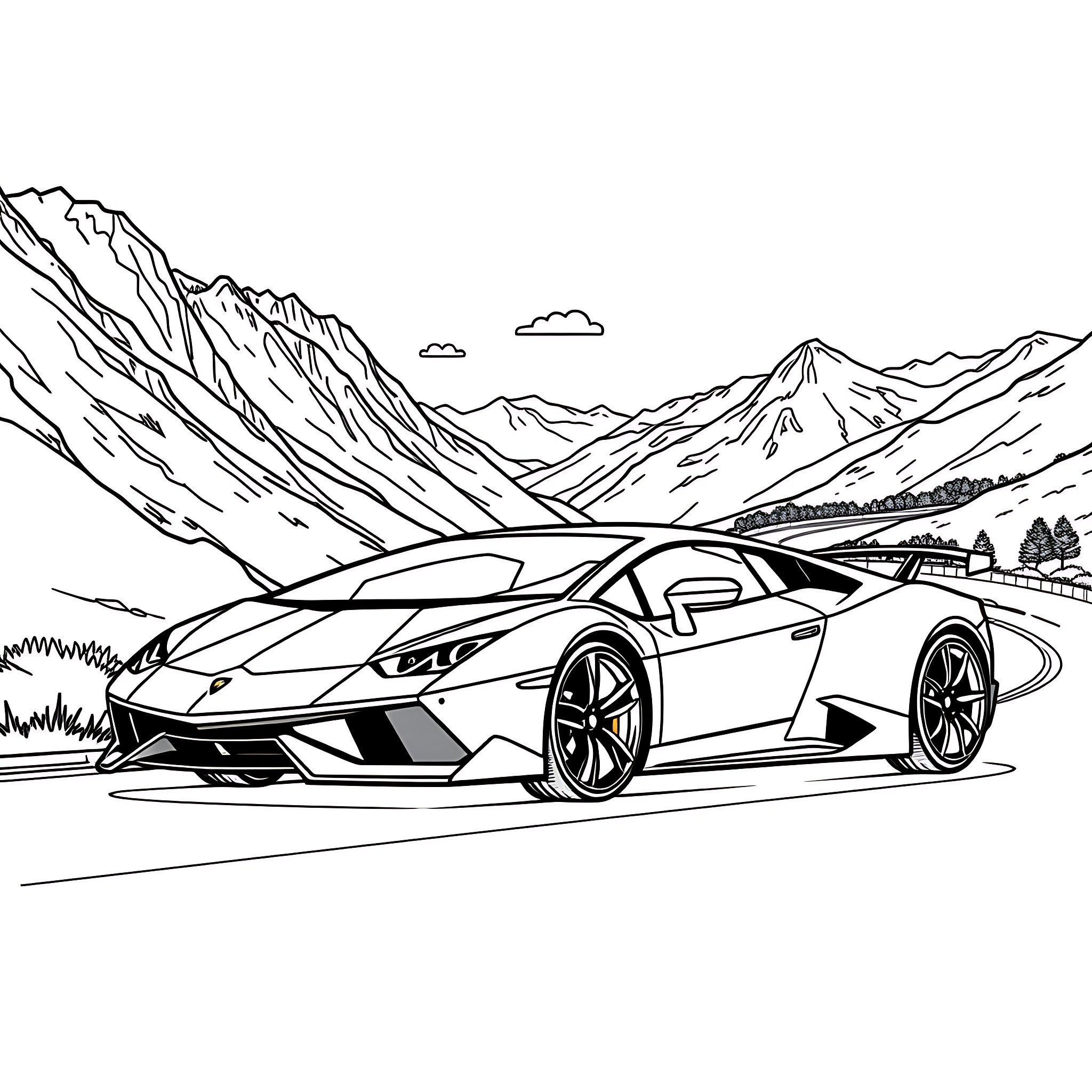 Lamborghini speeding through mountain landscape Coloring Page (free black-and-white line drawing printable PDF for all, from beginners to advanced learners, including children, teens, adults, and seniors)