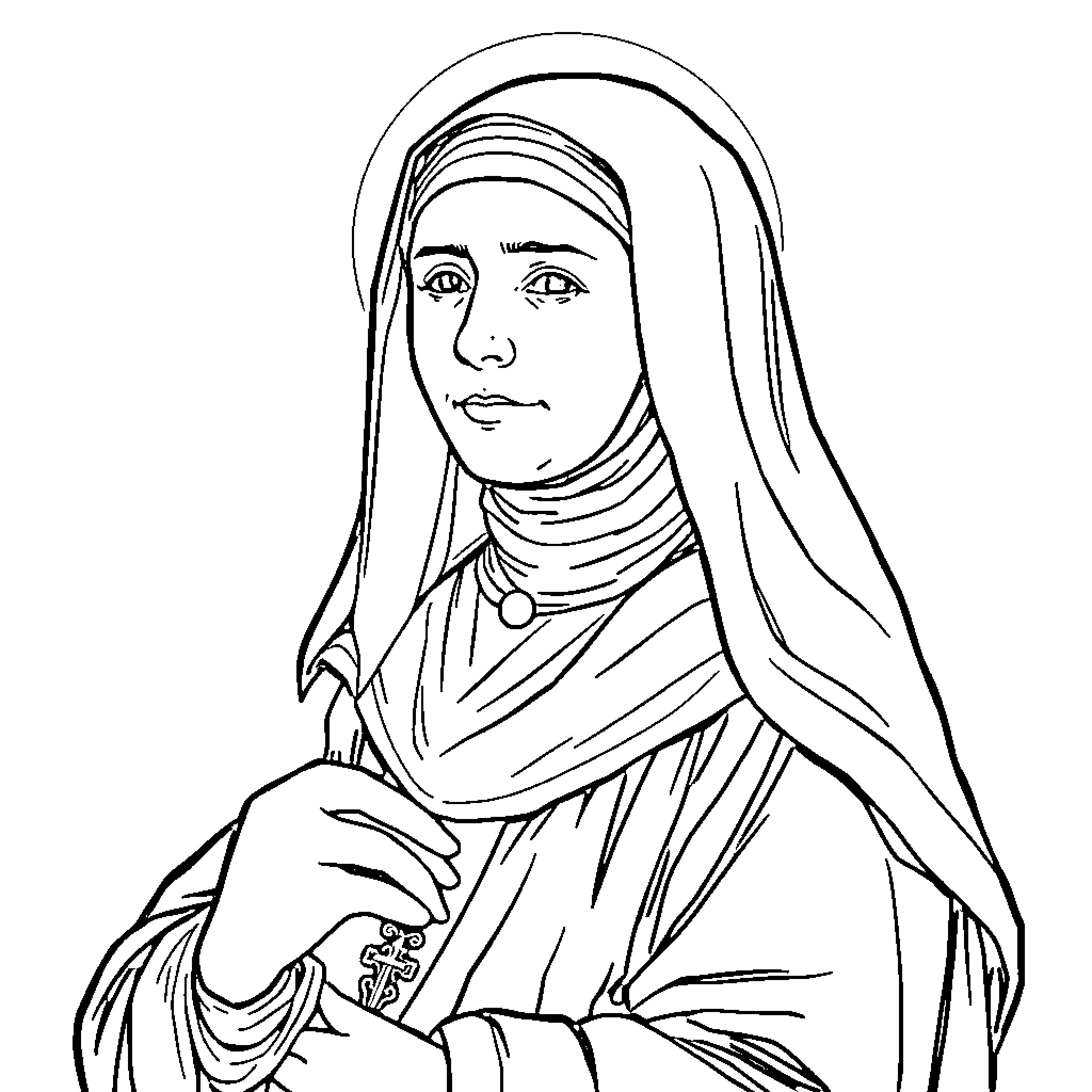 Saint Teresa in prayerful contemplation Coloring Page (free black-and-white line drawing printable PDF for all, from beginners to advanced learners, including children, teens, adults, and seniors)