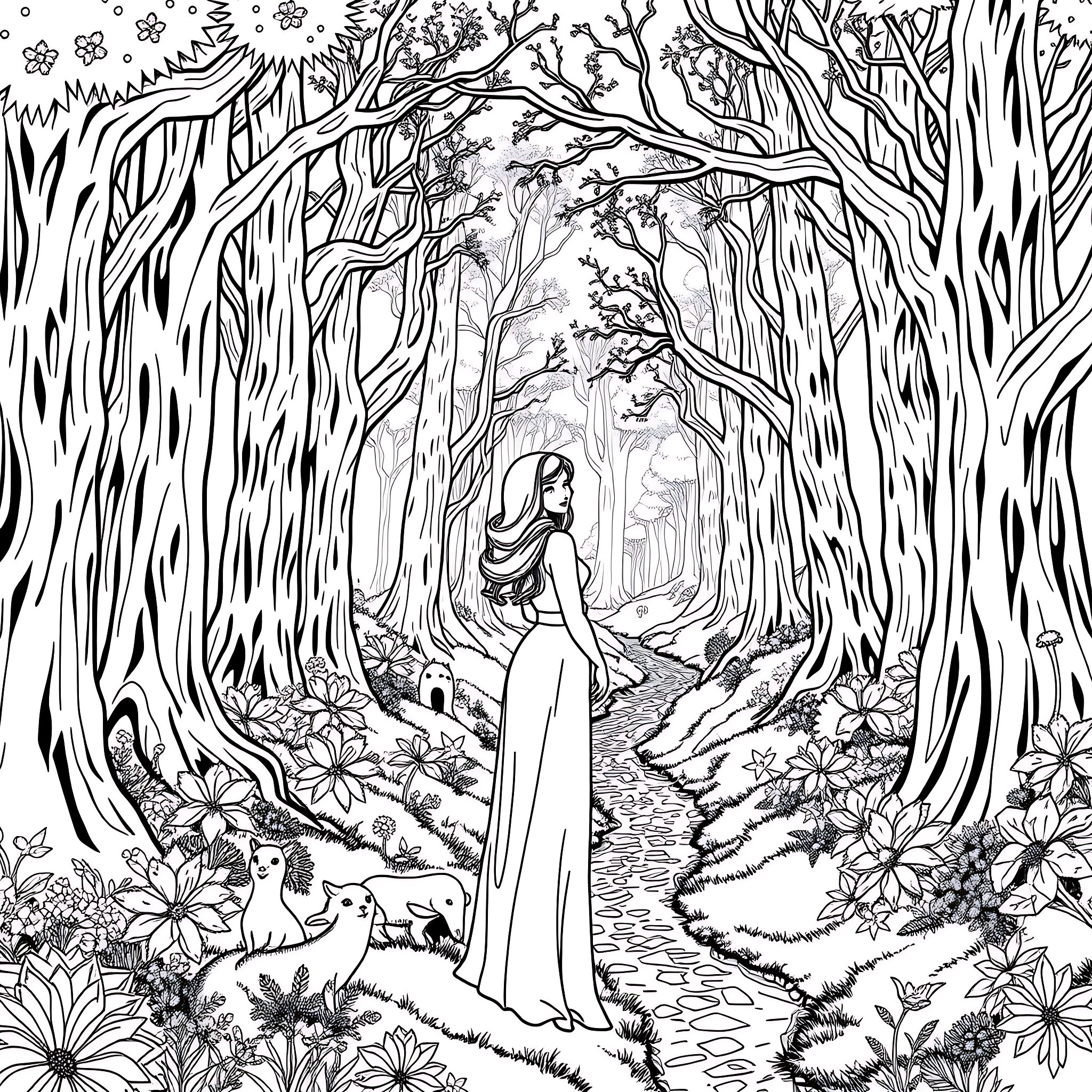 Winona Ryder in a Whimsical Forest Landscape Coloring Page (free black-and-white line drawing printable PDF for all, from beginners to advanced learners, including children, teens, adults, and seniors)