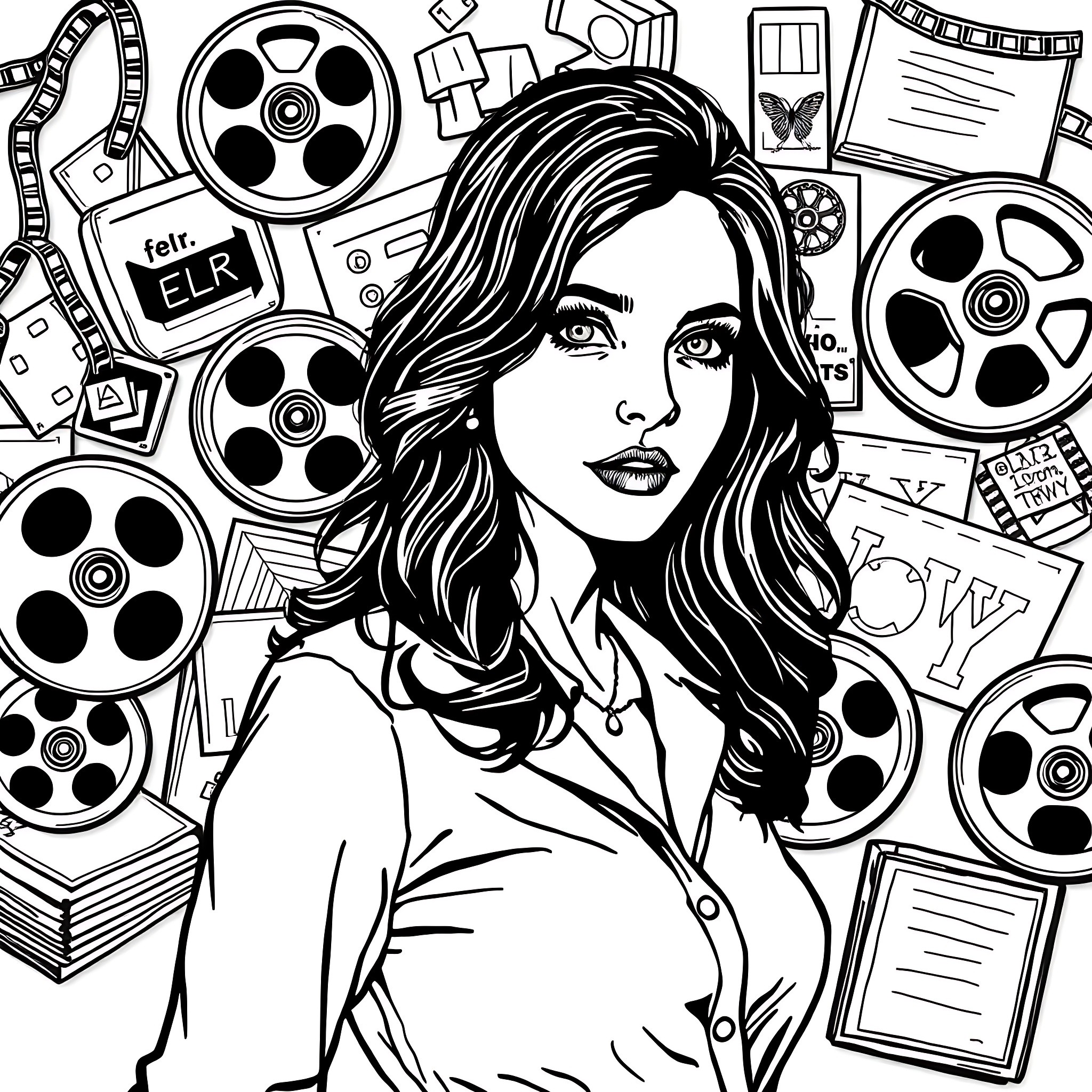 Winona Ryder Surrounded by Movie-Themed Imagery Coloring Page (free black-and-white line drawing printable PDF for all, from beginners to advanced learners, including children, teens, adults, and seniors)