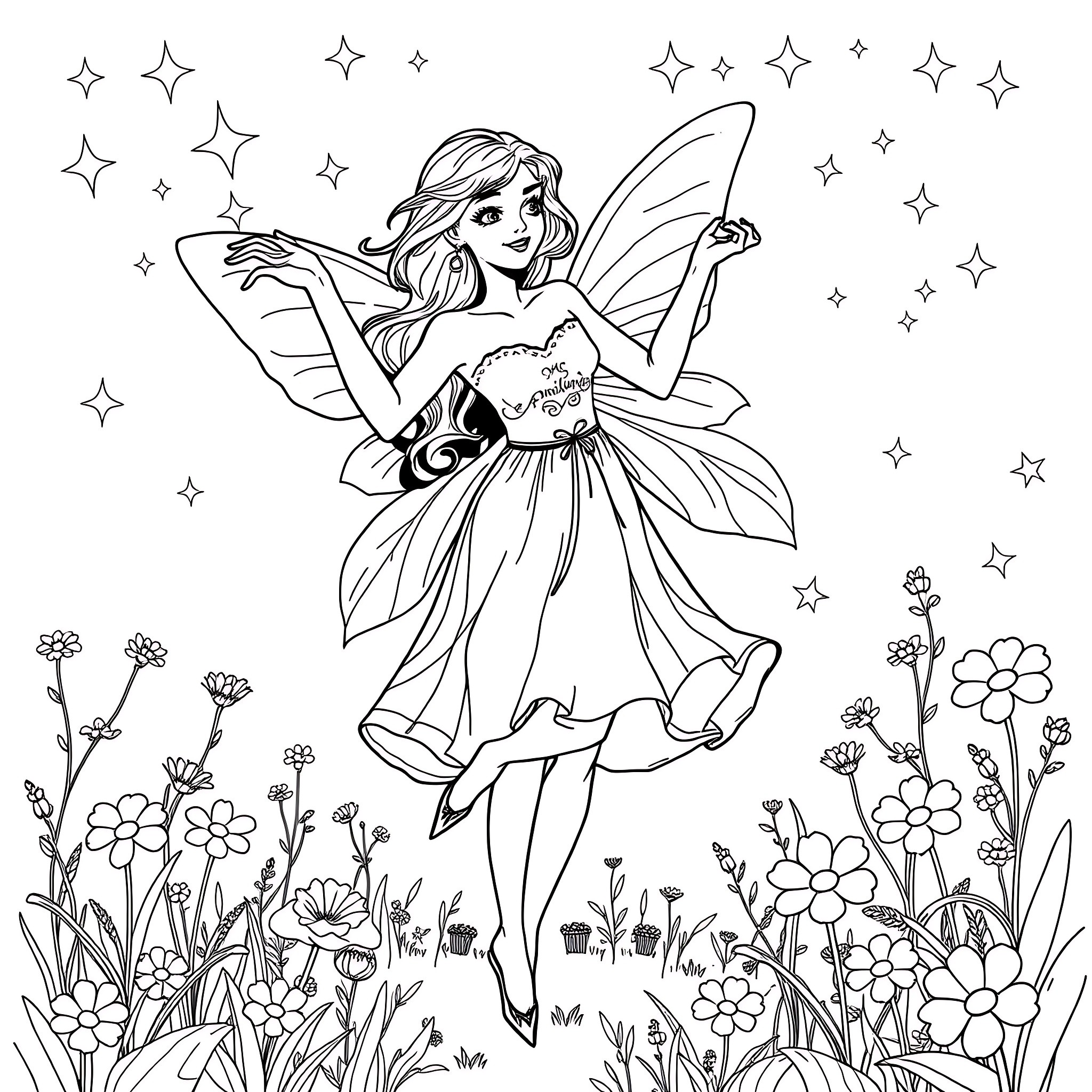 Winona Ryder as a whimsical fairy dancing among the stars Coloring Page (free black-and-white line drawing printable PDF for all, from beginners to advanced learners, including children, teens, adults, and seniors)