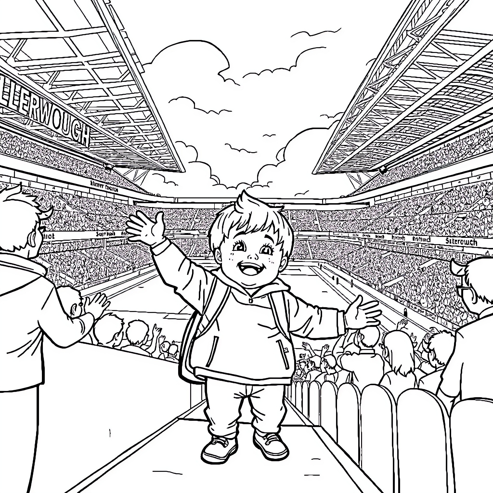 Child cheering excitedly at a sports event Coloring Page (free black-and-white line drawing printable PDF for all, from beginners to advanced learners, including children, teens, adults, and seniors)