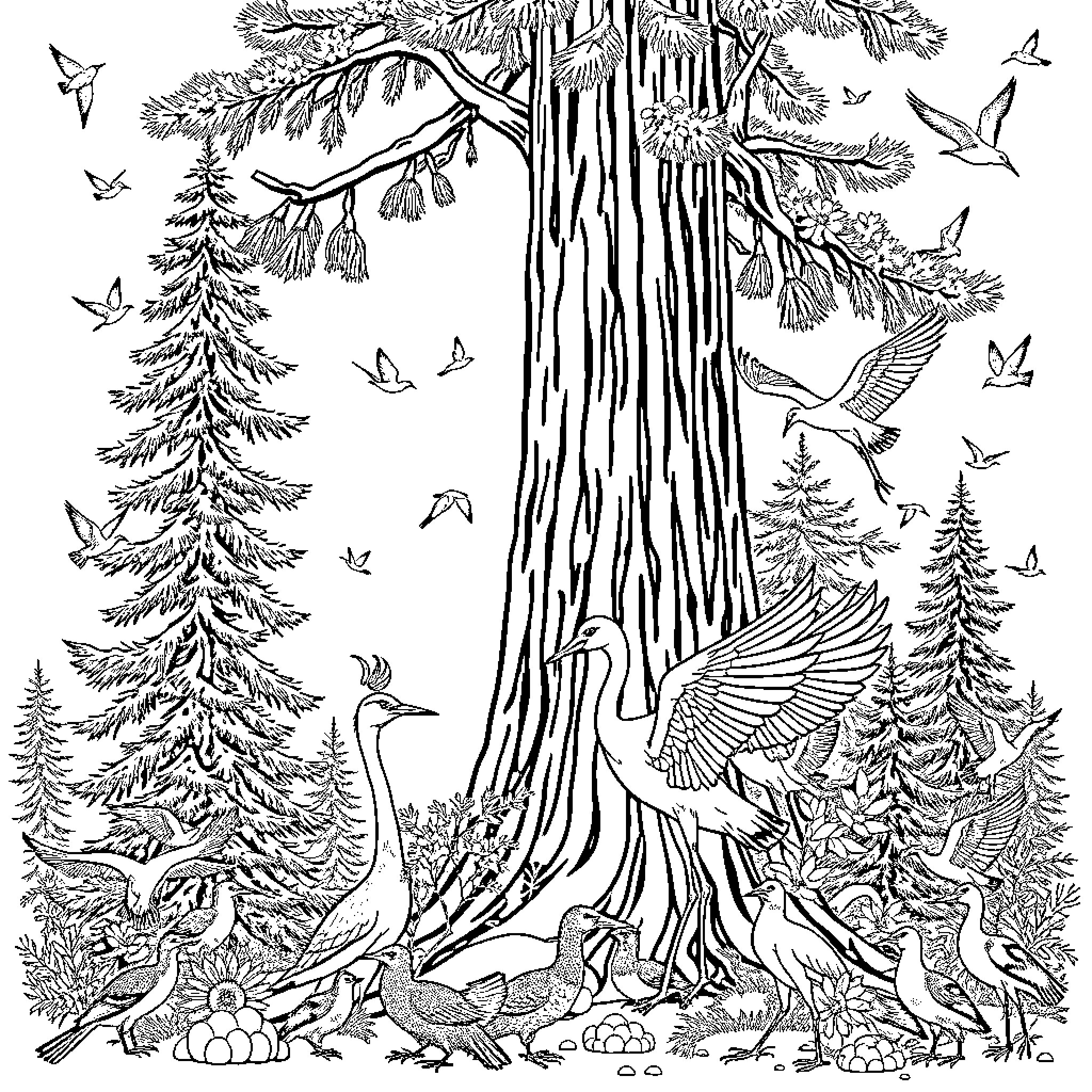 Pine Forest Sanctuary with Majestic Birds Coloring Page (free black-and-white line drawing printable PDF for all, from beginners to advanced learners, including children, teens, adults, and seniors)