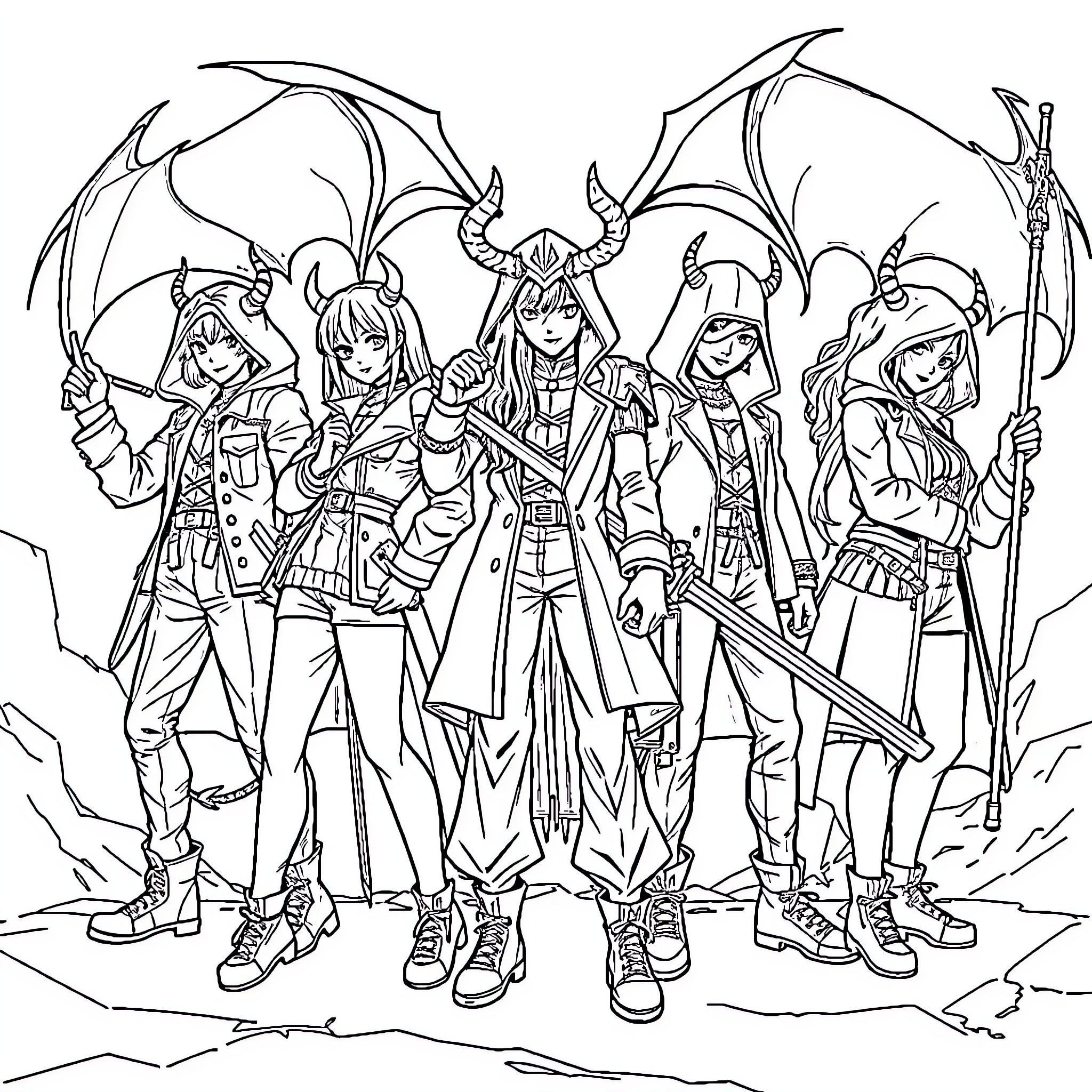 Demon Hunter Team in Fierce Battle Gear Coloring Page (free black-and-white line drawing printable PDF for all, from beginners to advanced learners, including children, teens, adults, and seniors)