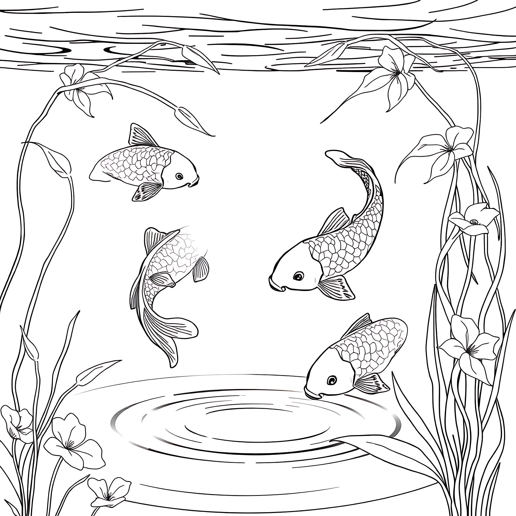 Koi Fish Swimming in a Tranquil Pond Coloring Page (free black-and-white line drawing printable PDF for all, from beginners to advanced learners, including children, teens, adults, and seniors)