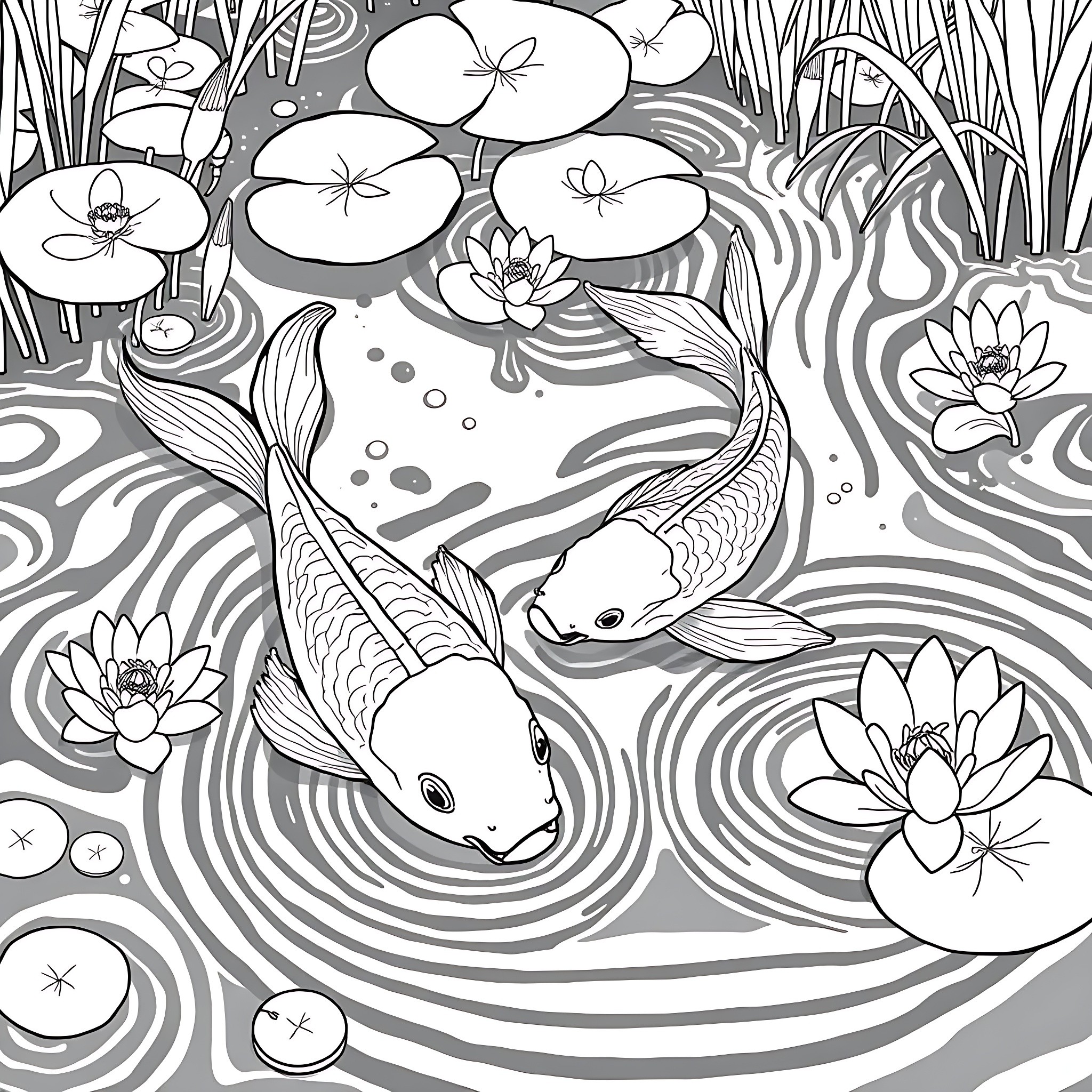 Koi Fish Swimming Among Lotus Flowers Coloring Page (free black-and-white line drawing printable PDF for all, from beginners to advanced learners, including children, teens, adults, and seniors)