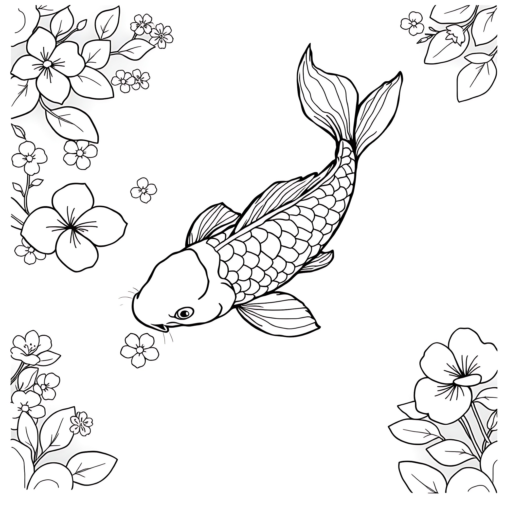 Koi Fish swimming among flowers Coloring Page (free black-and-white line drawing printable PDF for all, from beginners to advanced learners, including children, teens, adults, and seniors)