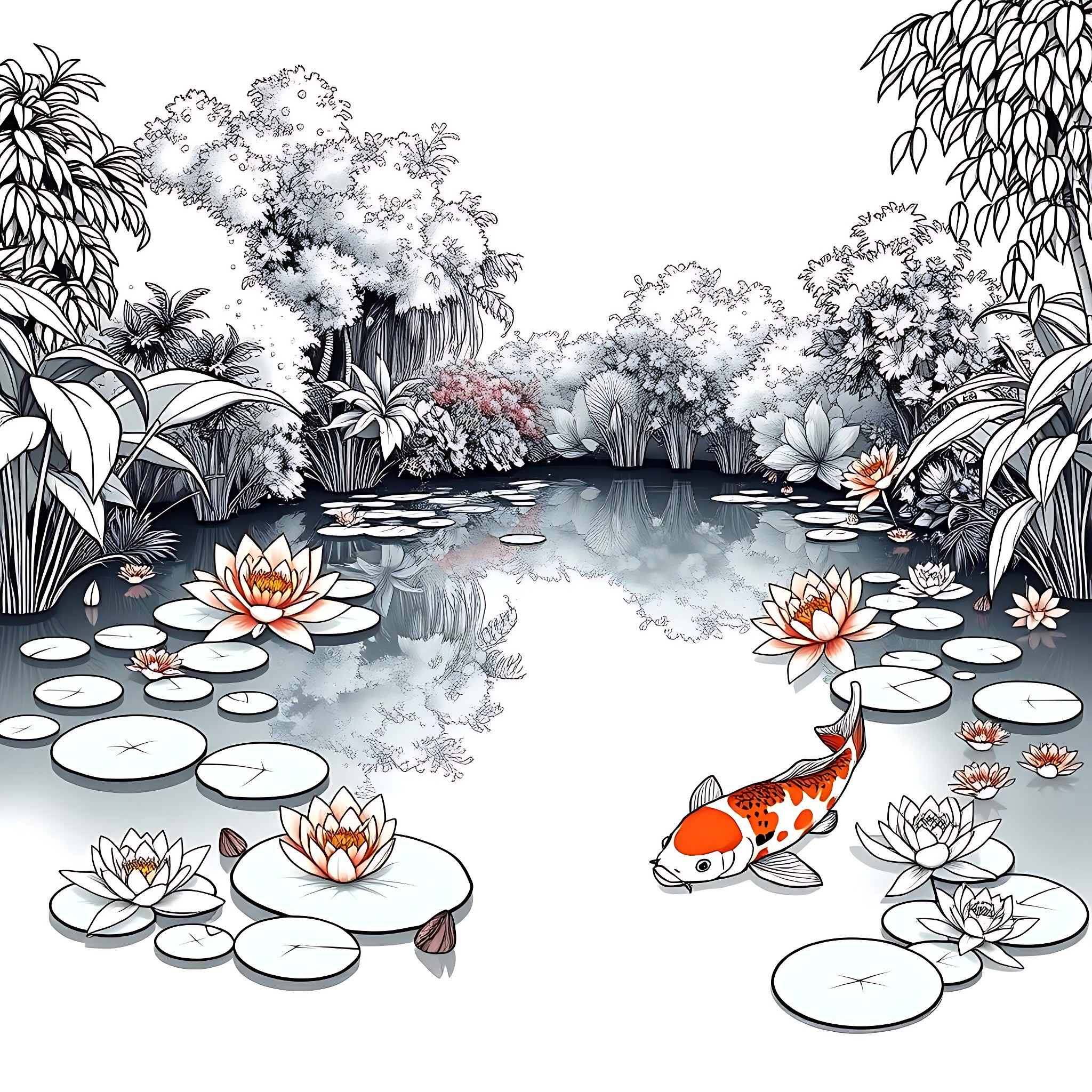 Koi Fish Pond with Lilies and Tropical Foliage Coloring Page (free black-and-white line drawing printable PDF for all, from beginners to advanced learners, including children, teens, adults, and seniors)