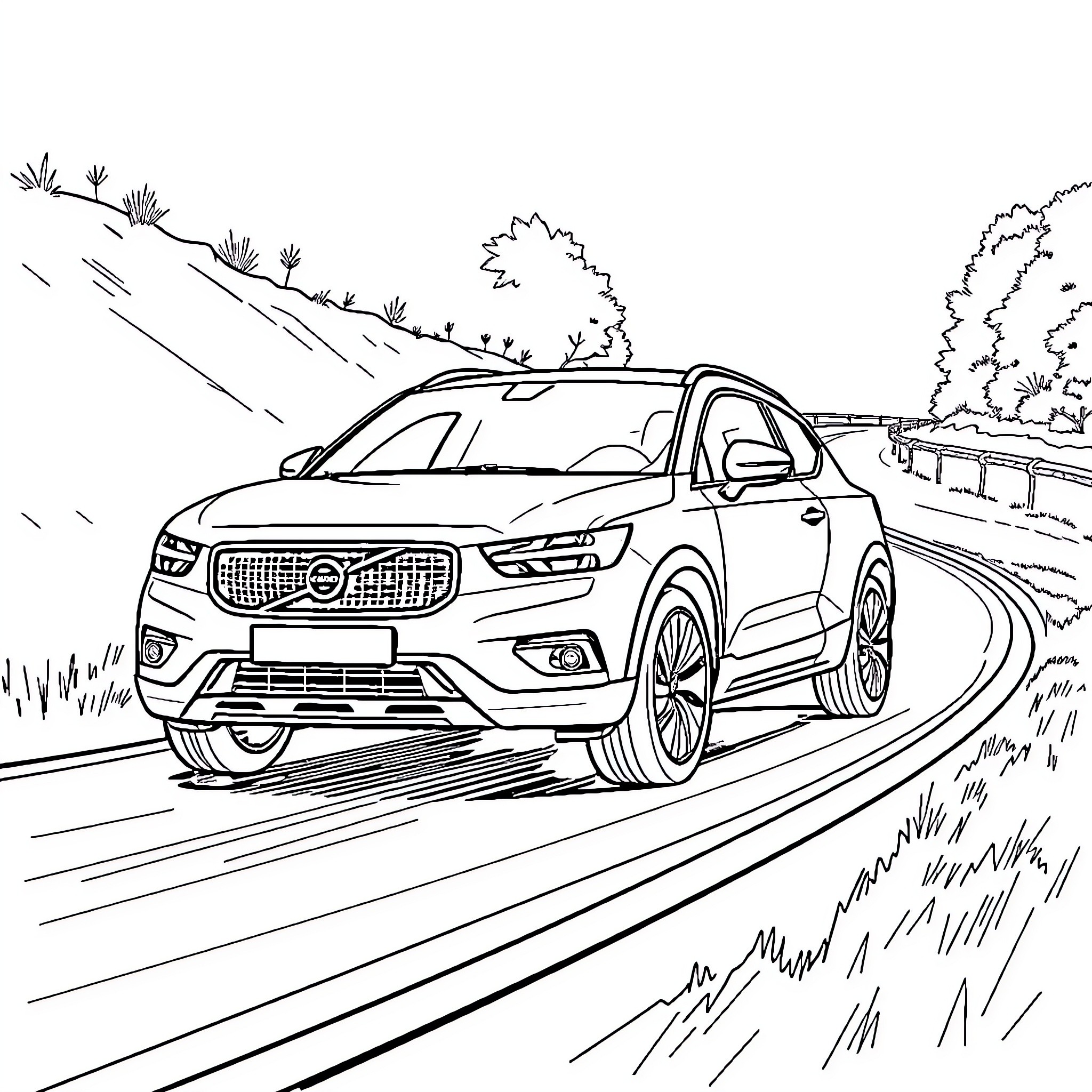 Volvo SUV speeding through scenic countryside Coloring Page (free black-and-white line drawing printable PDF for all, from beginners to advanced learners, including children, teens, adults, and seniors)