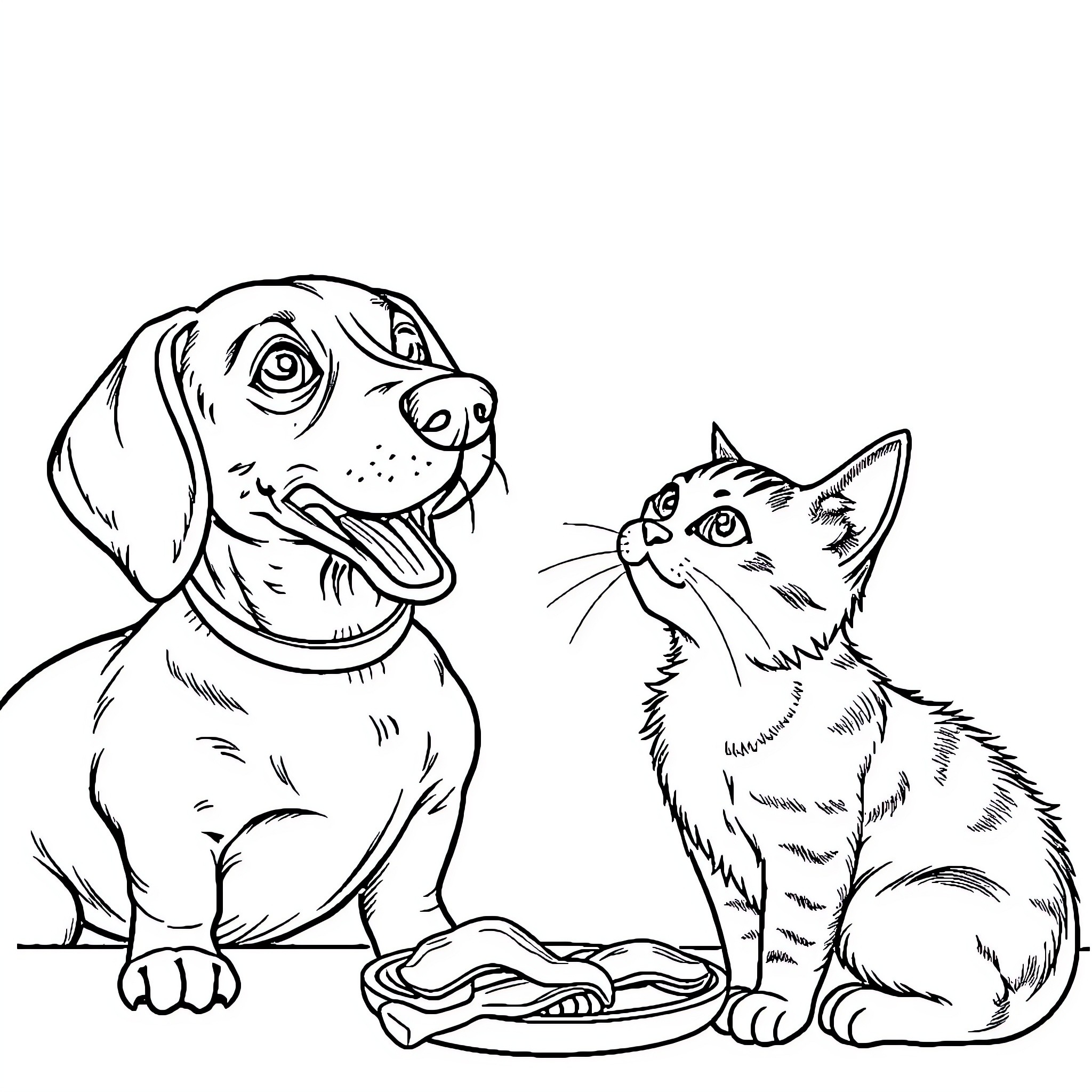 Dachshund and Cat Share a Meal Coloring Page (free black-and-white line drawing printable PDF for all, from beginners to advanced learners, including children, teens, adults, and seniors)