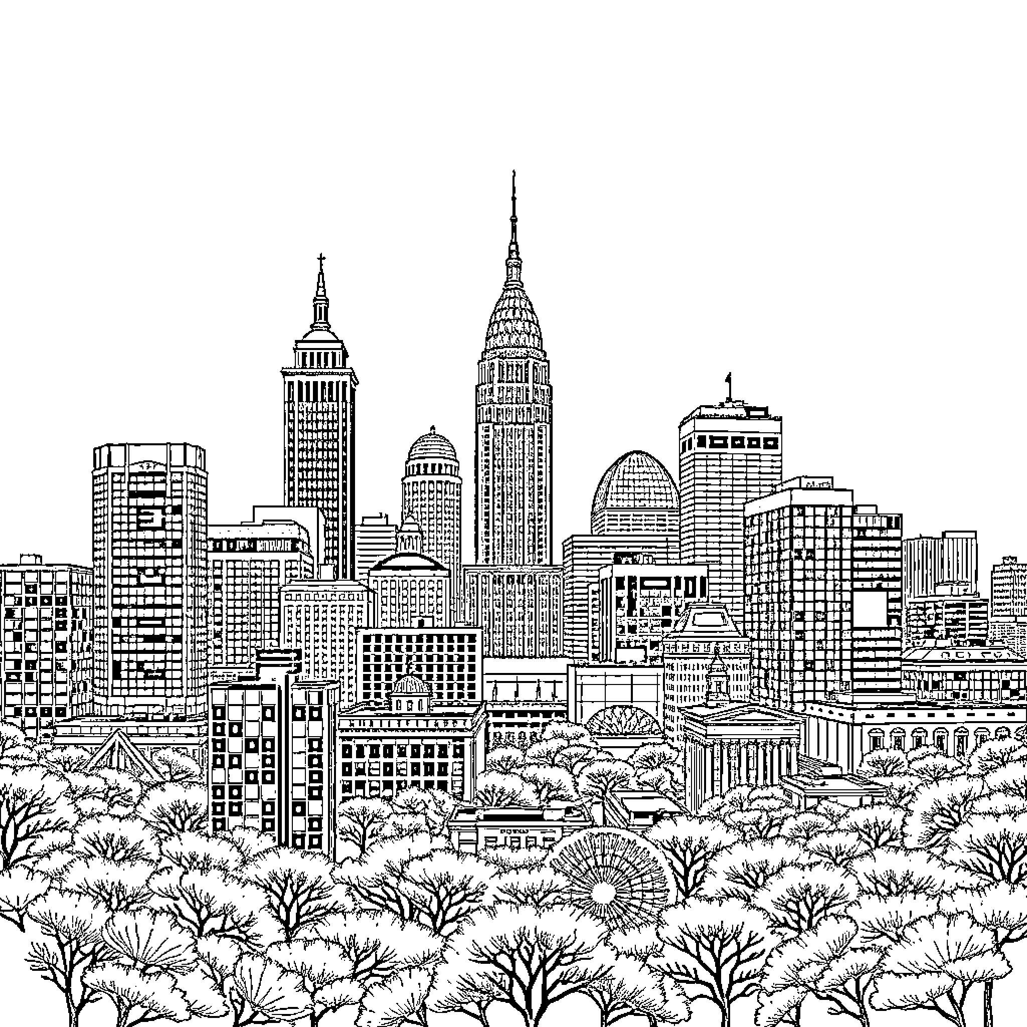Columbus cityscape in detailed architectural drawing Coloring Page (free black-and-white line drawing printable PDF for all, from beginners to advanced learners, including children, teens, adults, and seniors)