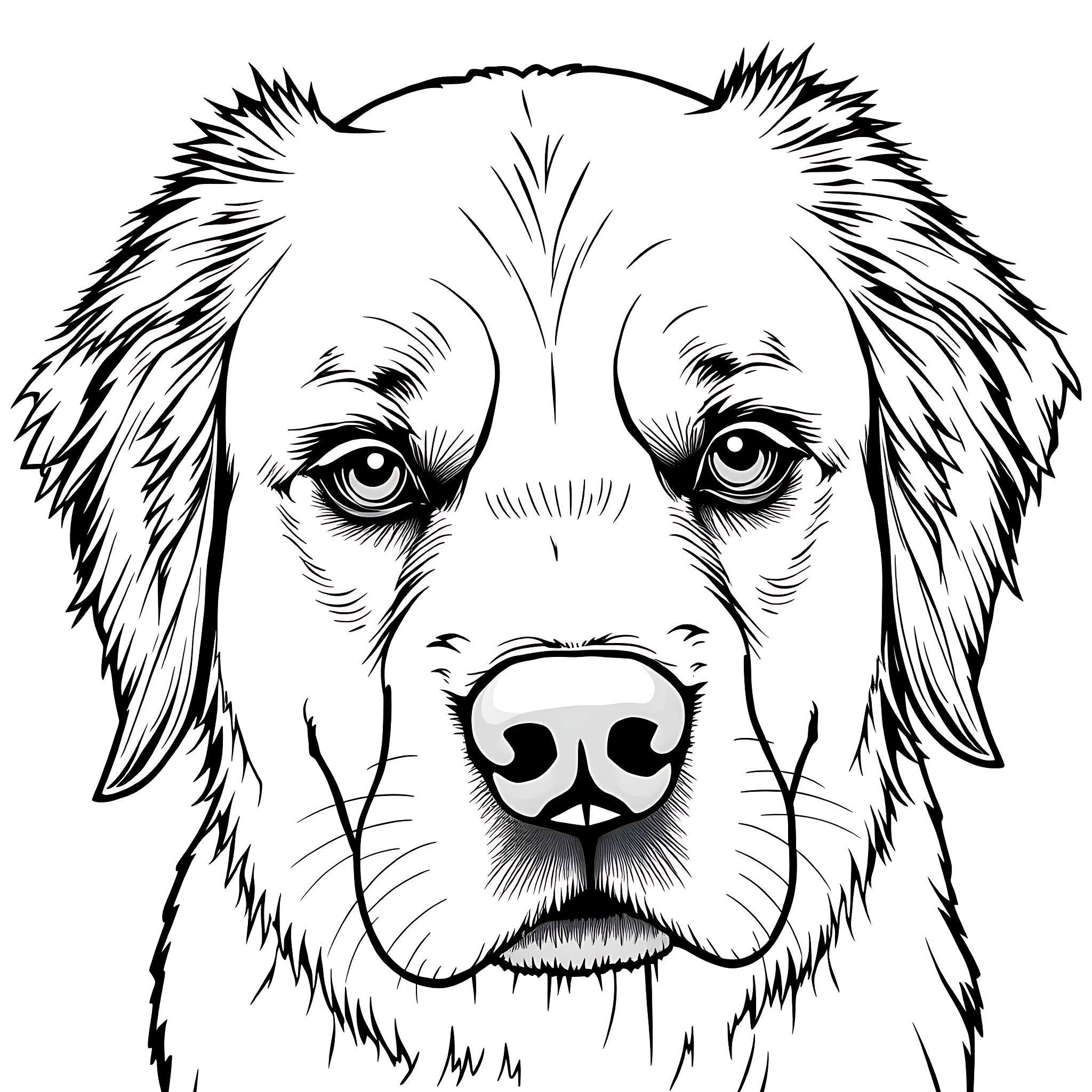 Golden Retriever striking an alert gaze Coloring Page (free black-and-white line drawing printable PDF for all, from beginners to advanced learners, including children, teens, adults, and seniors)